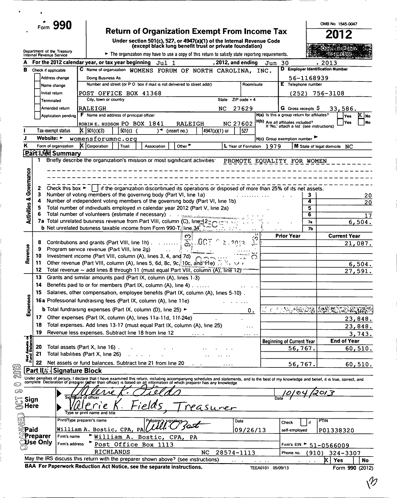 Image of first page of 2012 Form 990 for Womens Forum of North Carolina