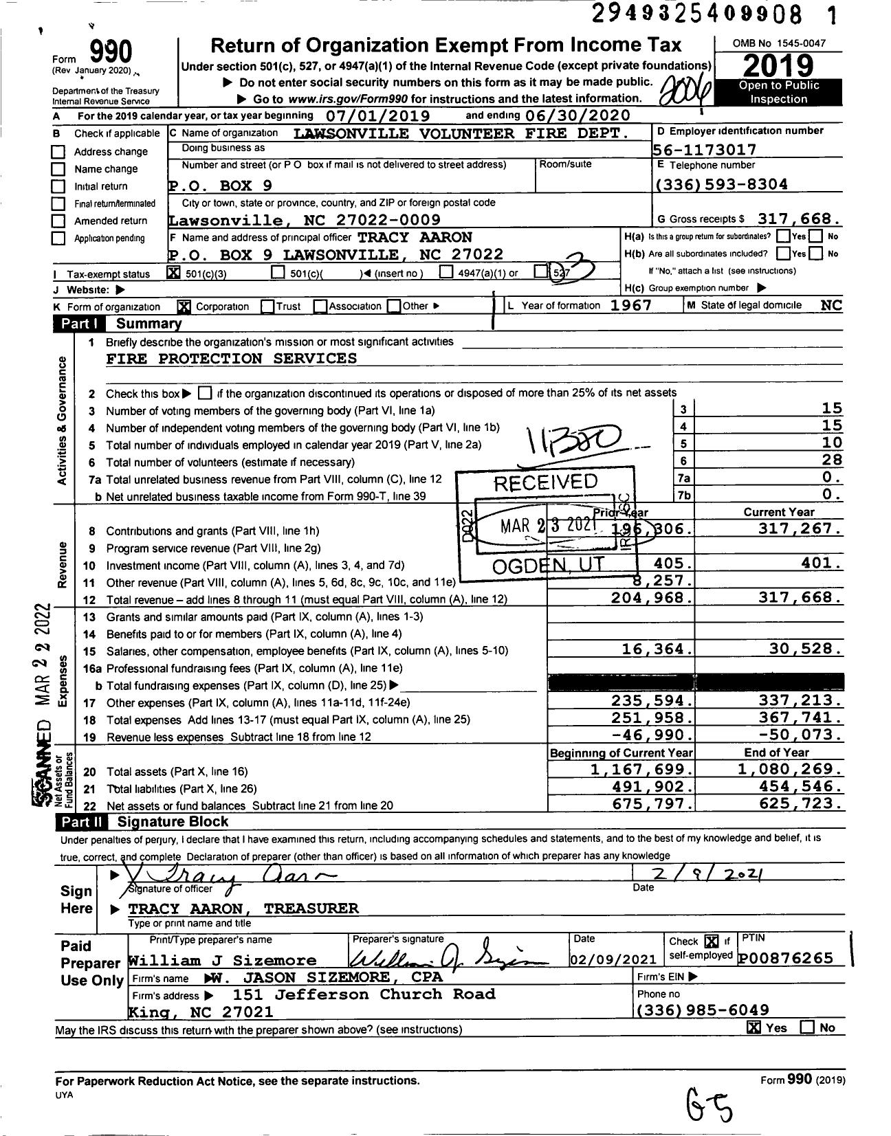 Image of first page of 2019 Form 990 for Lawsonville Volunteer Fire Dept