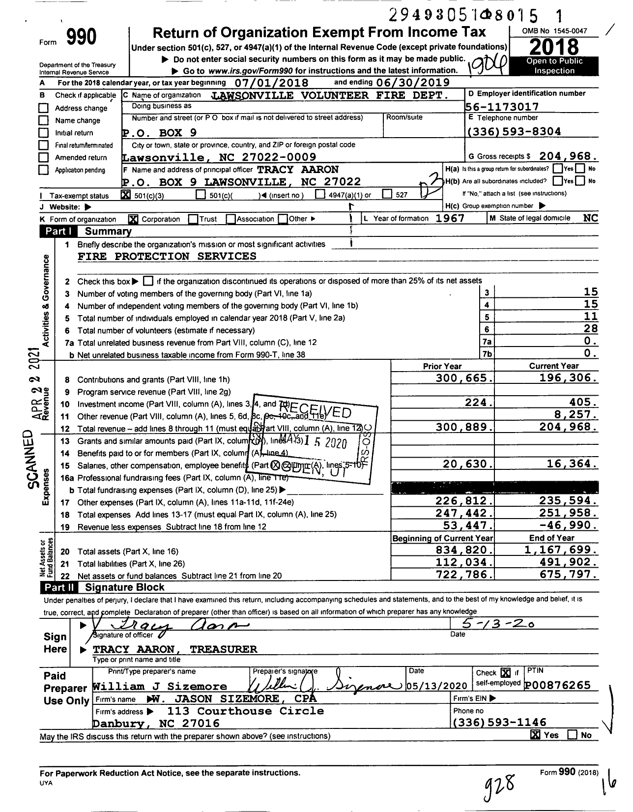 Image of first page of 2018 Form 990 for Lawsonville Volunteer Fire Dept