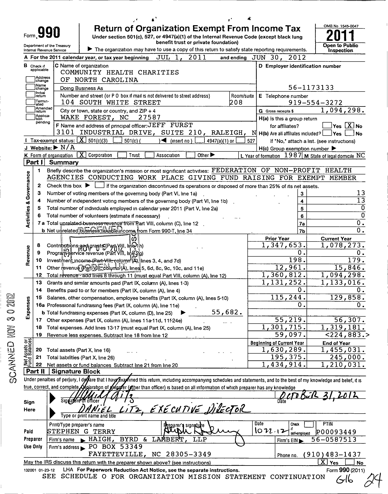 Image of first page of 2011 Form 990 for Community Health Charities of North Carolina