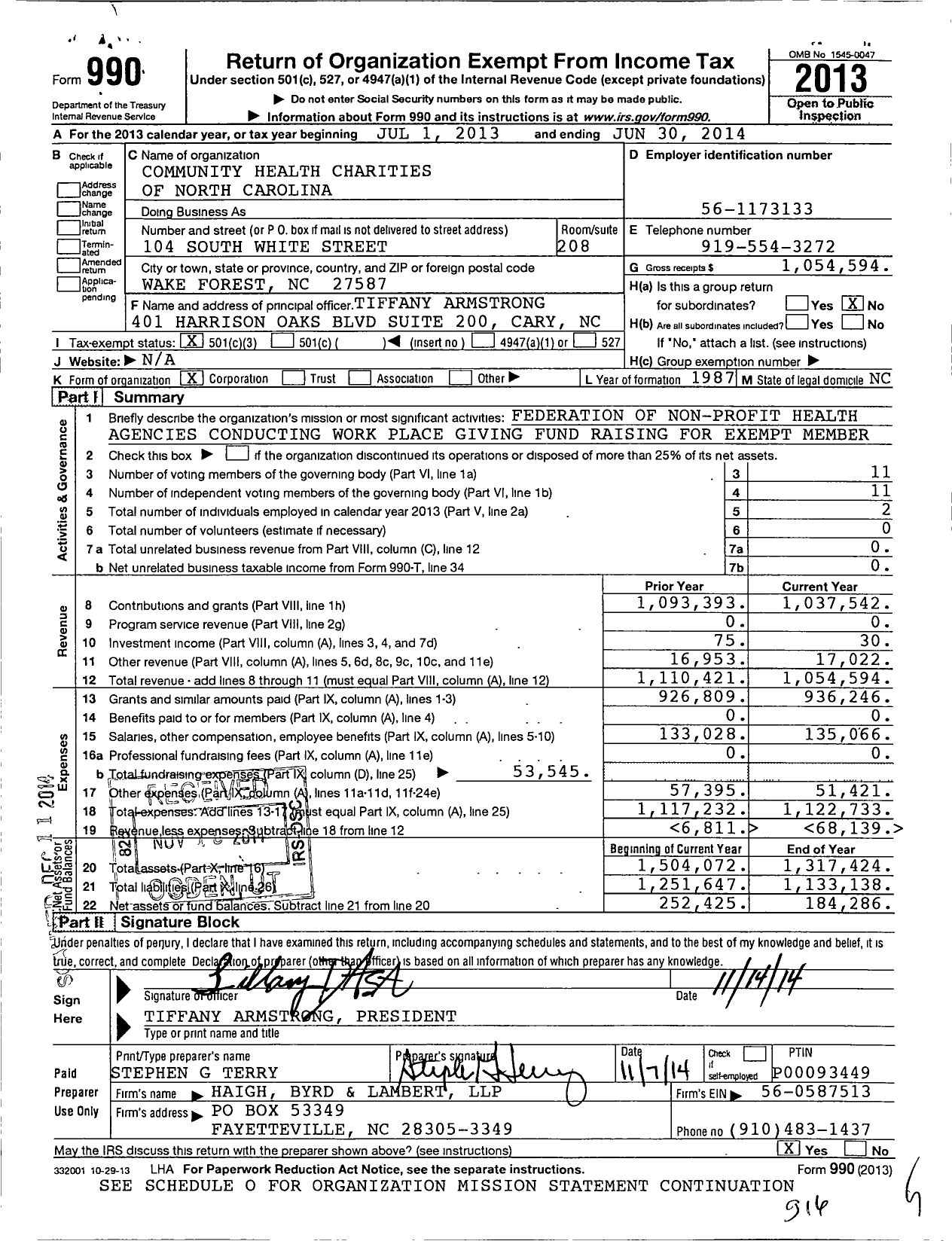 Image of first page of 2013 Form 990 for Community Health Charities of North Carolina