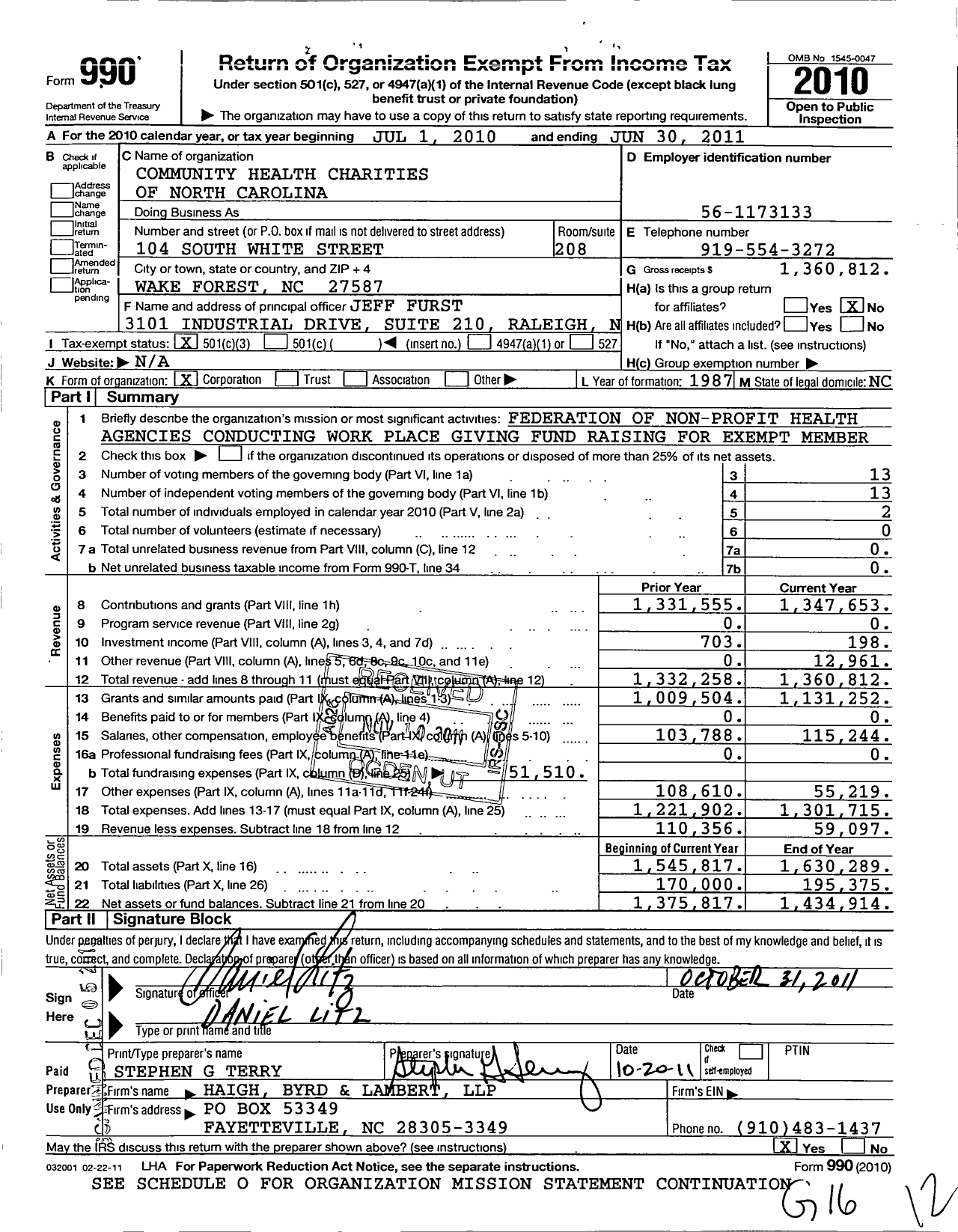 Image of first page of 2010 Form 990 for Community Health Charities of North Carolina