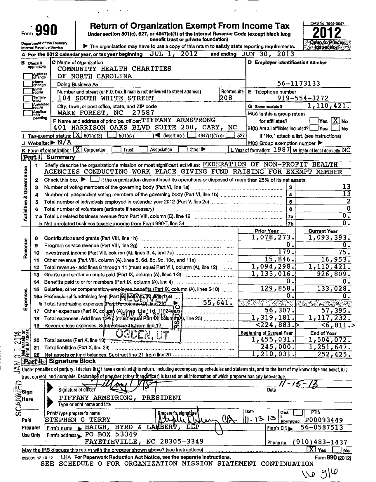 Image of first page of 2012 Form 990 for Community Health Charities of North Carolina