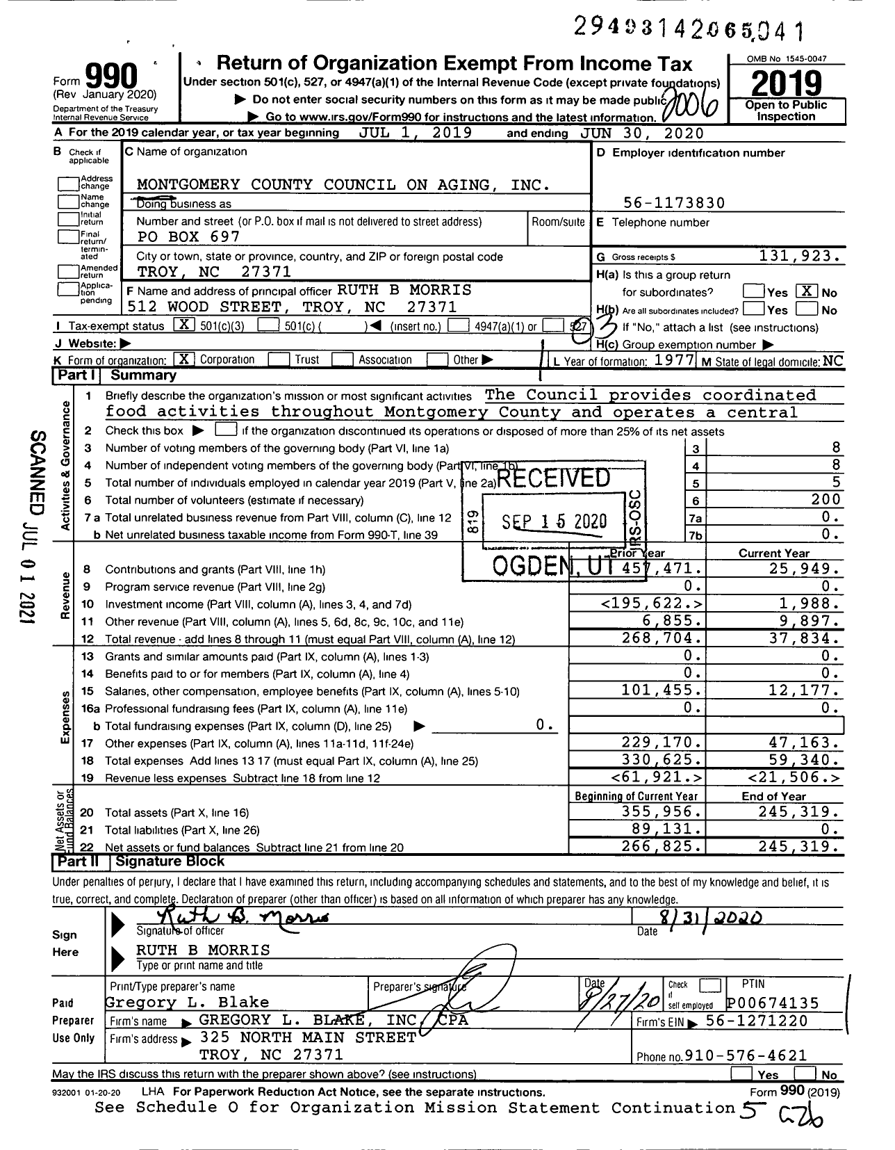 Image of first page of 2019 Form 990 for Montgomery County Council on Aging