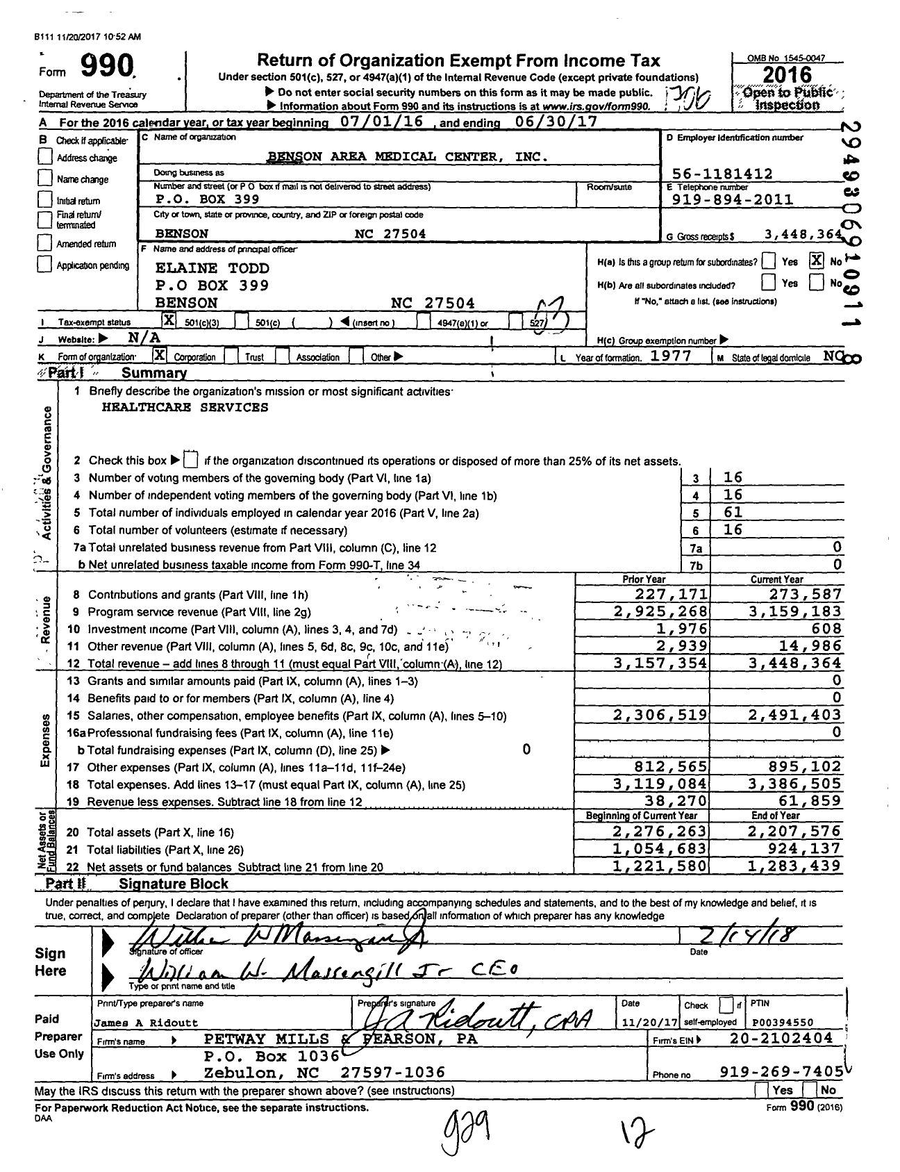 Image of first page of 2016 Form 990 for Benson Area Medical Center