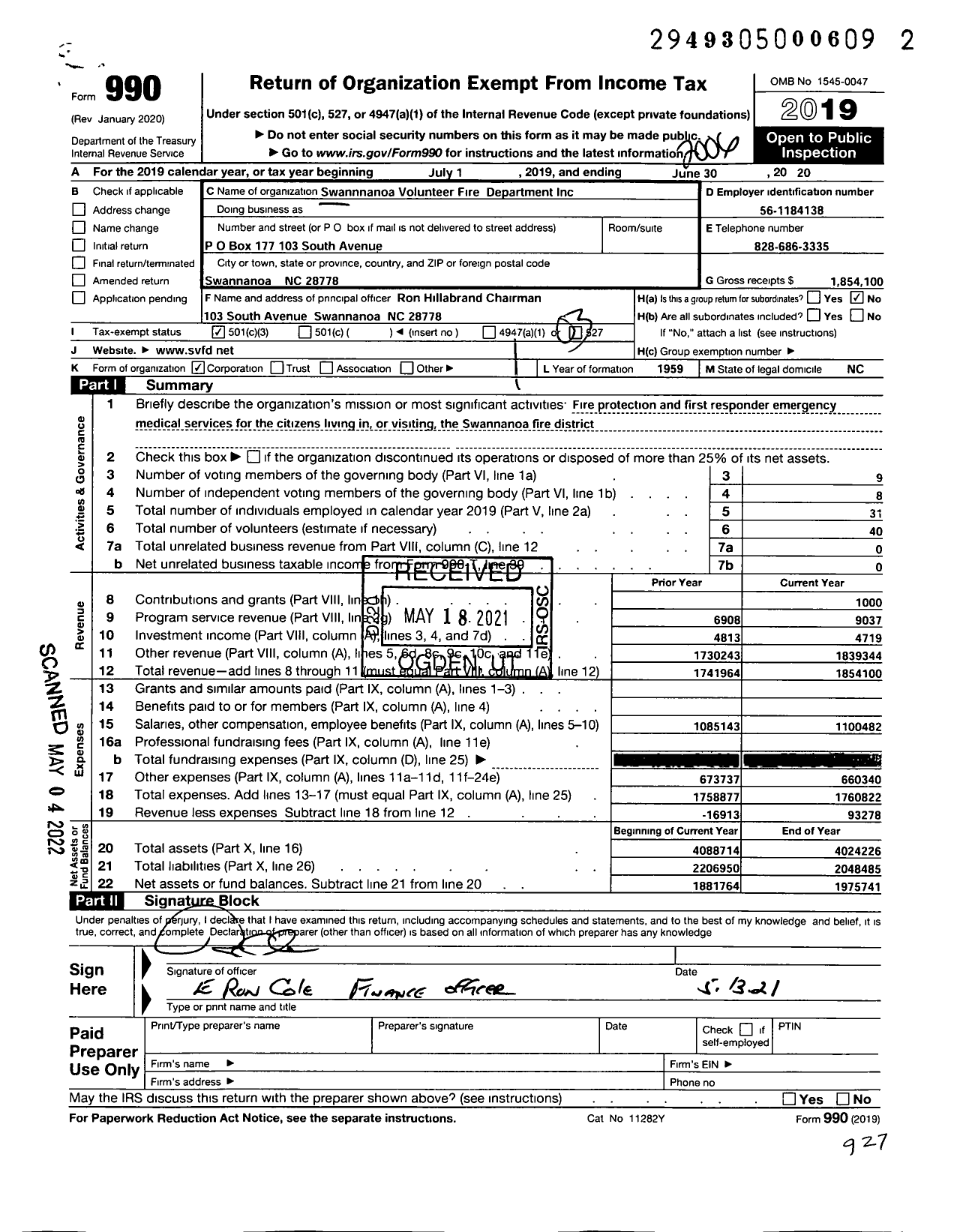 Image of first page of 2019 Form 990 for Swannanoa Volunteer Fire Department and Rescue Squad