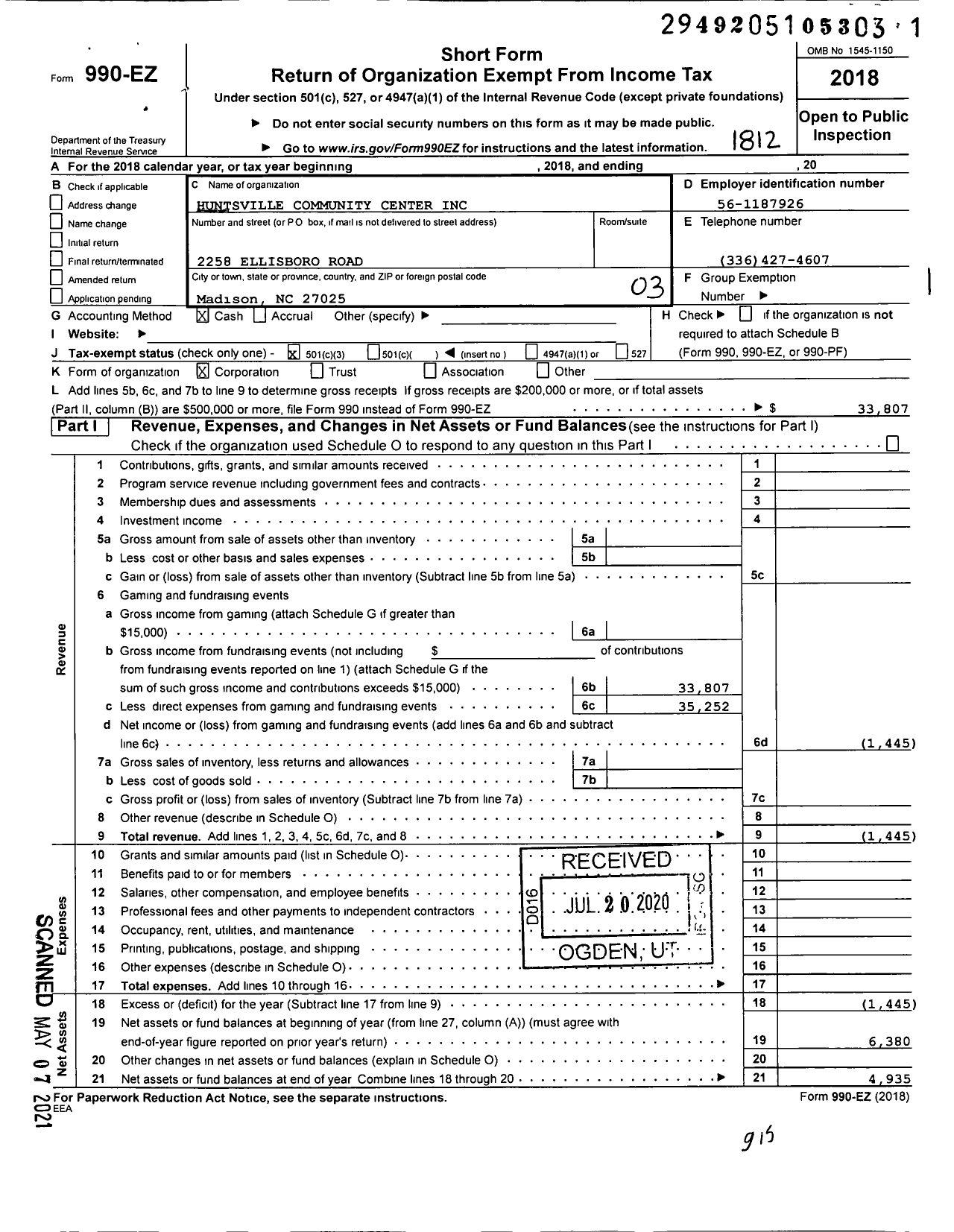 Image of first page of 2018 Form 990EZ for Huntsville Community Center