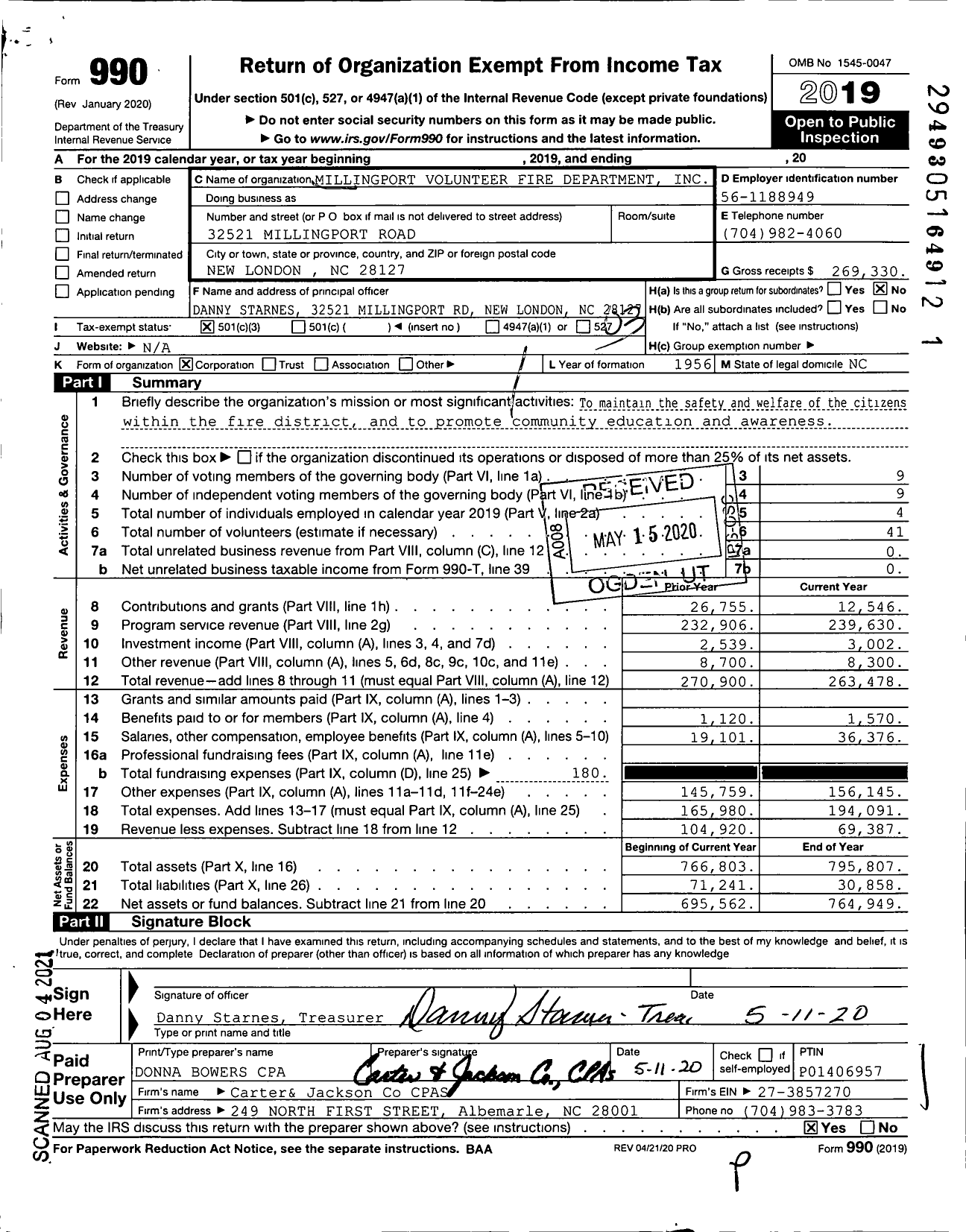 Image of first page of 2019 Form 990 for Millingport Volunteer Fire Department