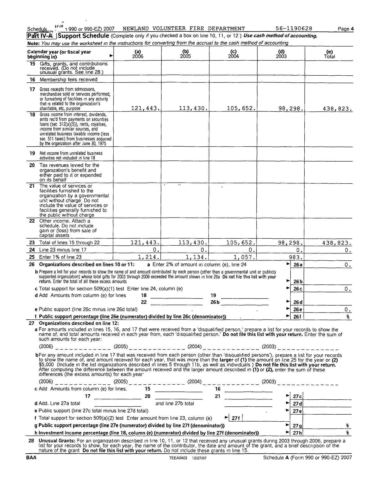 Image of first page of 2007 Form 990R for Newland Volunteer Fire Department