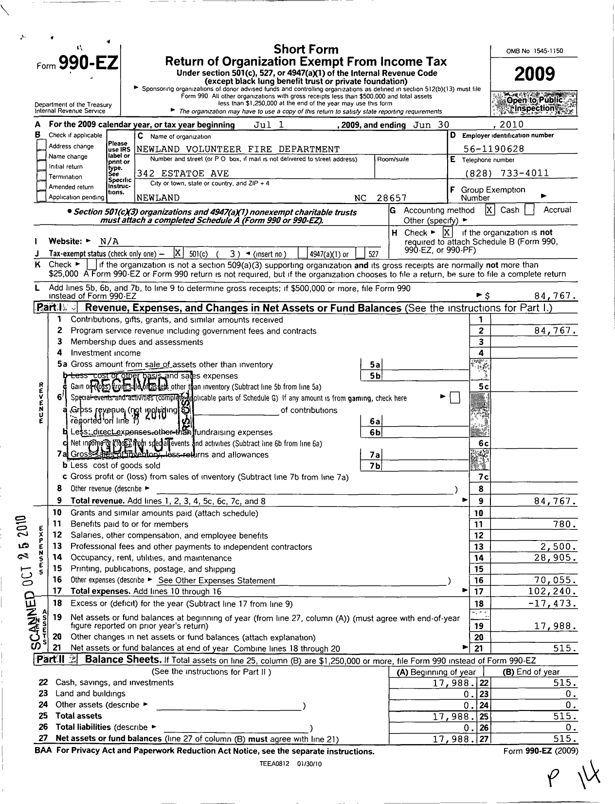 Image of first page of 2009 Form 990EZ for Newland Volunteer Fire Department