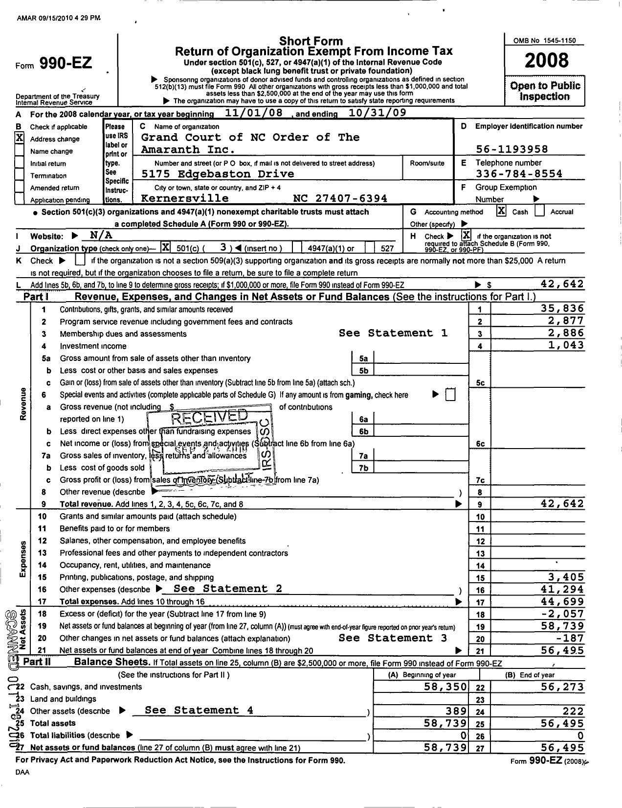 Image of first page of 2008 Form 990EZ for Order of the Amaranth / Grand CT North Carolina