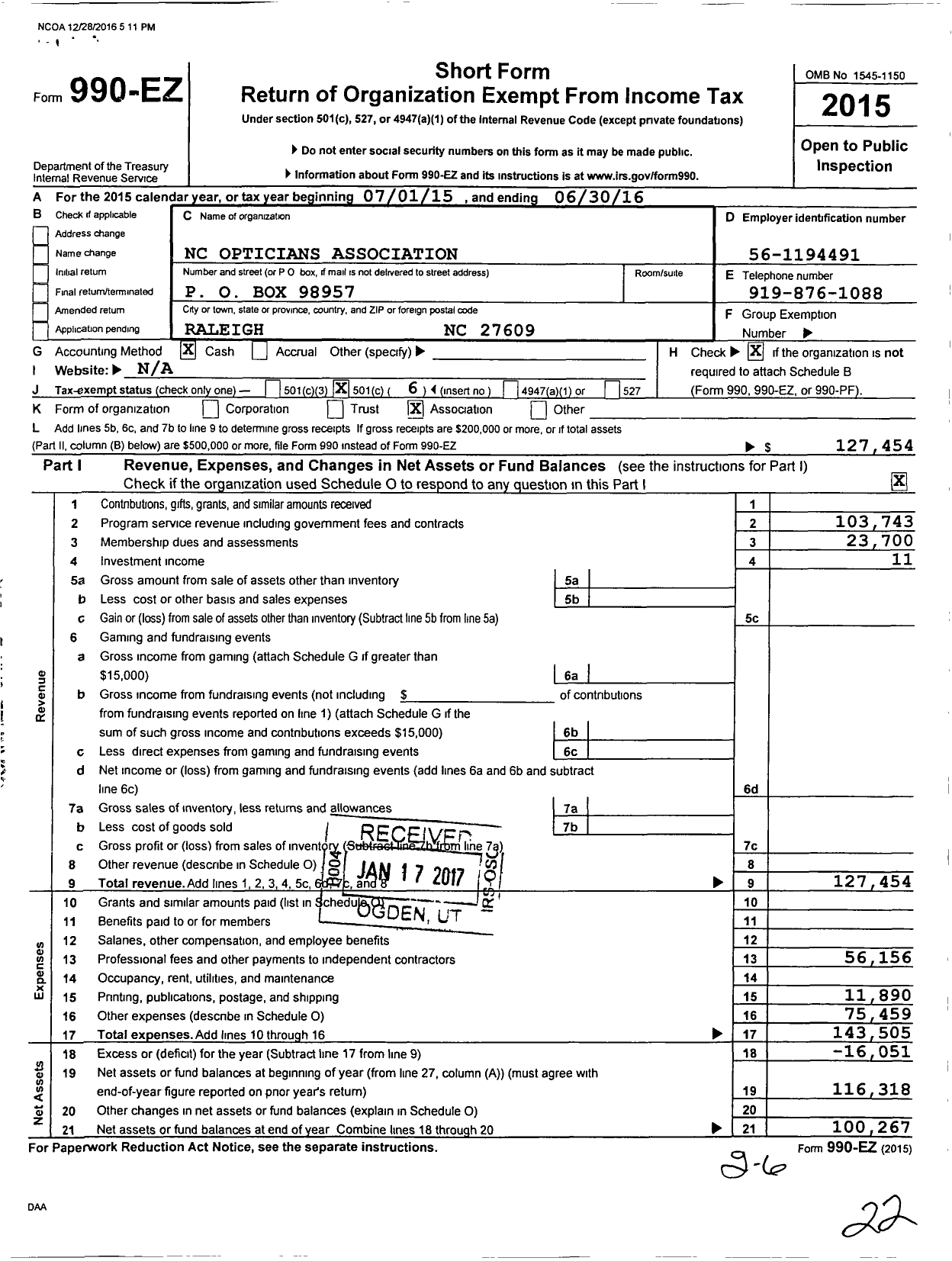 Image of first page of 2015 Form 990EO for North Carolina Opticians Association