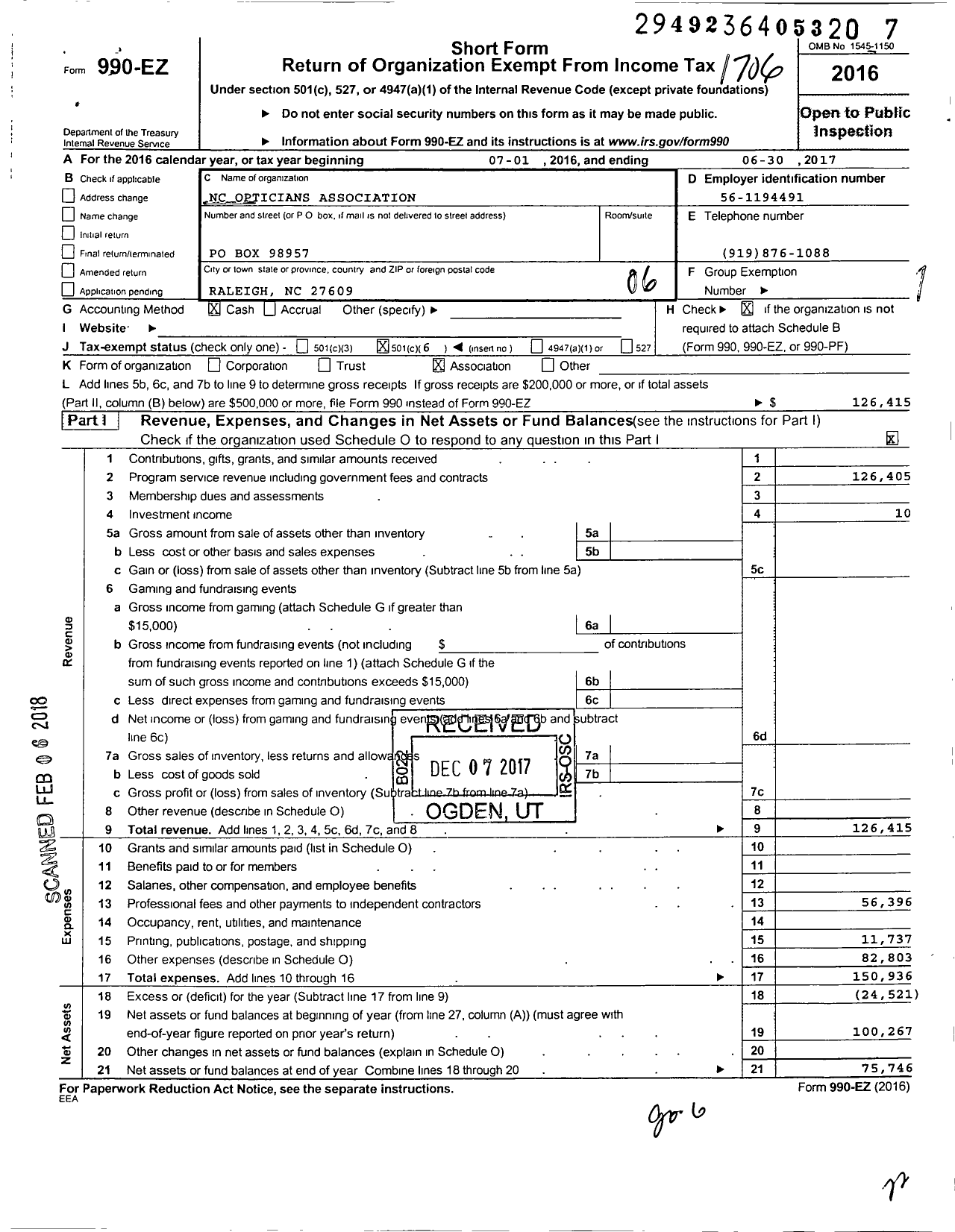 Image of first page of 2016 Form 990EO for North Carolina Opticians Association