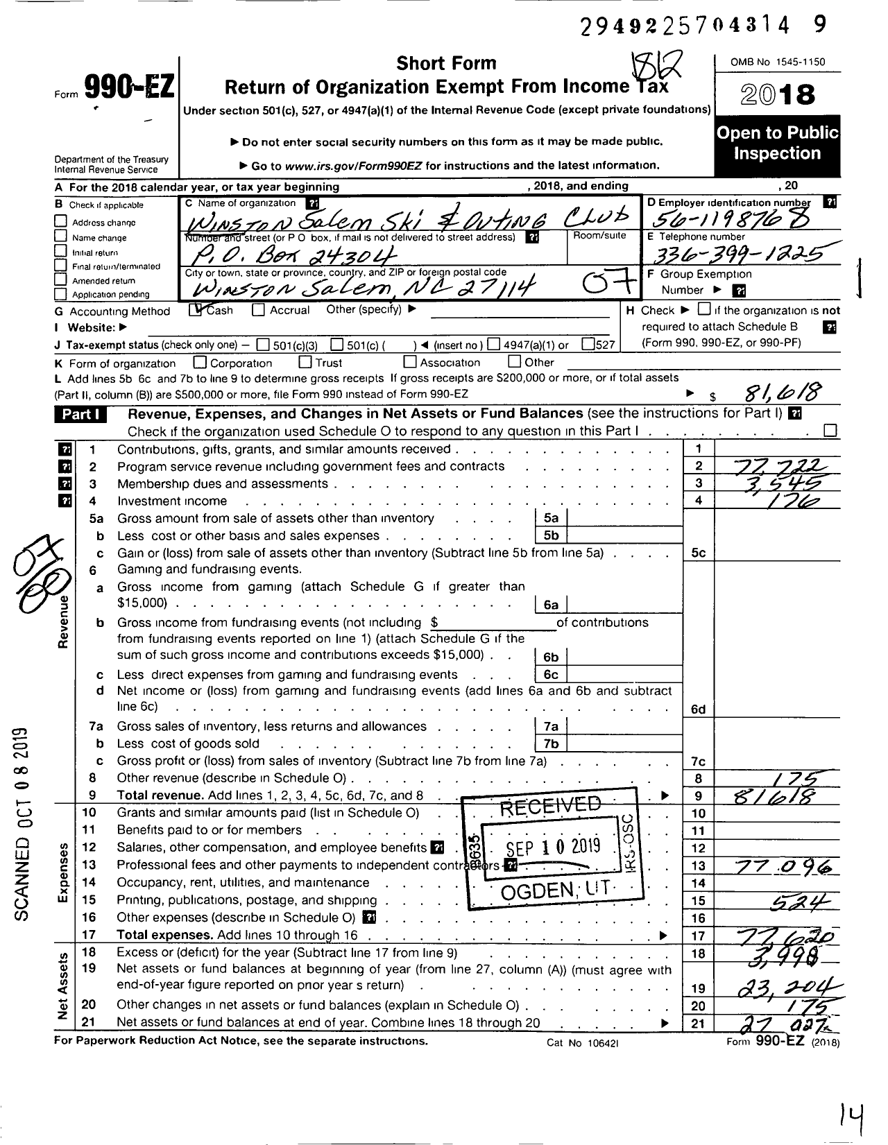 Image of first page of 2018 Form 990EO for The Winston-Salem Ski and Outing Club