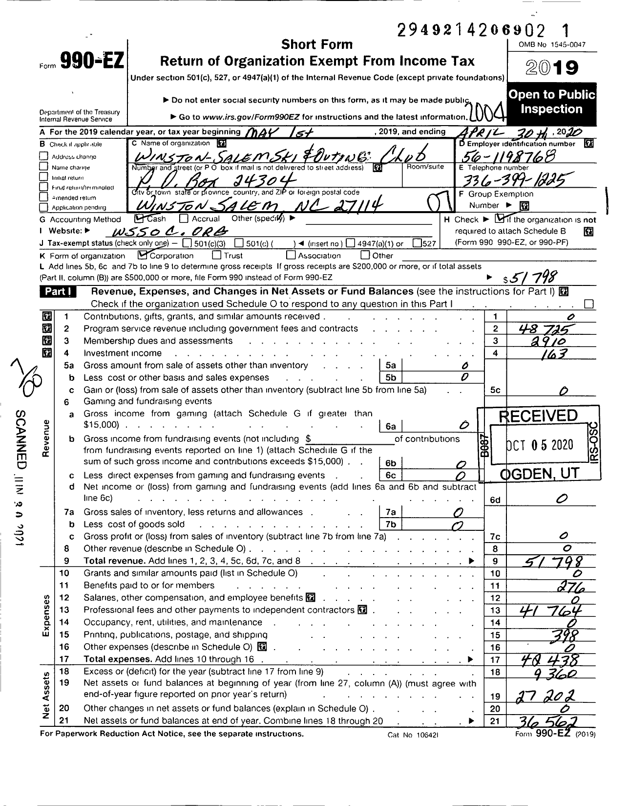 Image of first page of 2019 Form 990EO for The Winston-Salem Ski and Outing Club