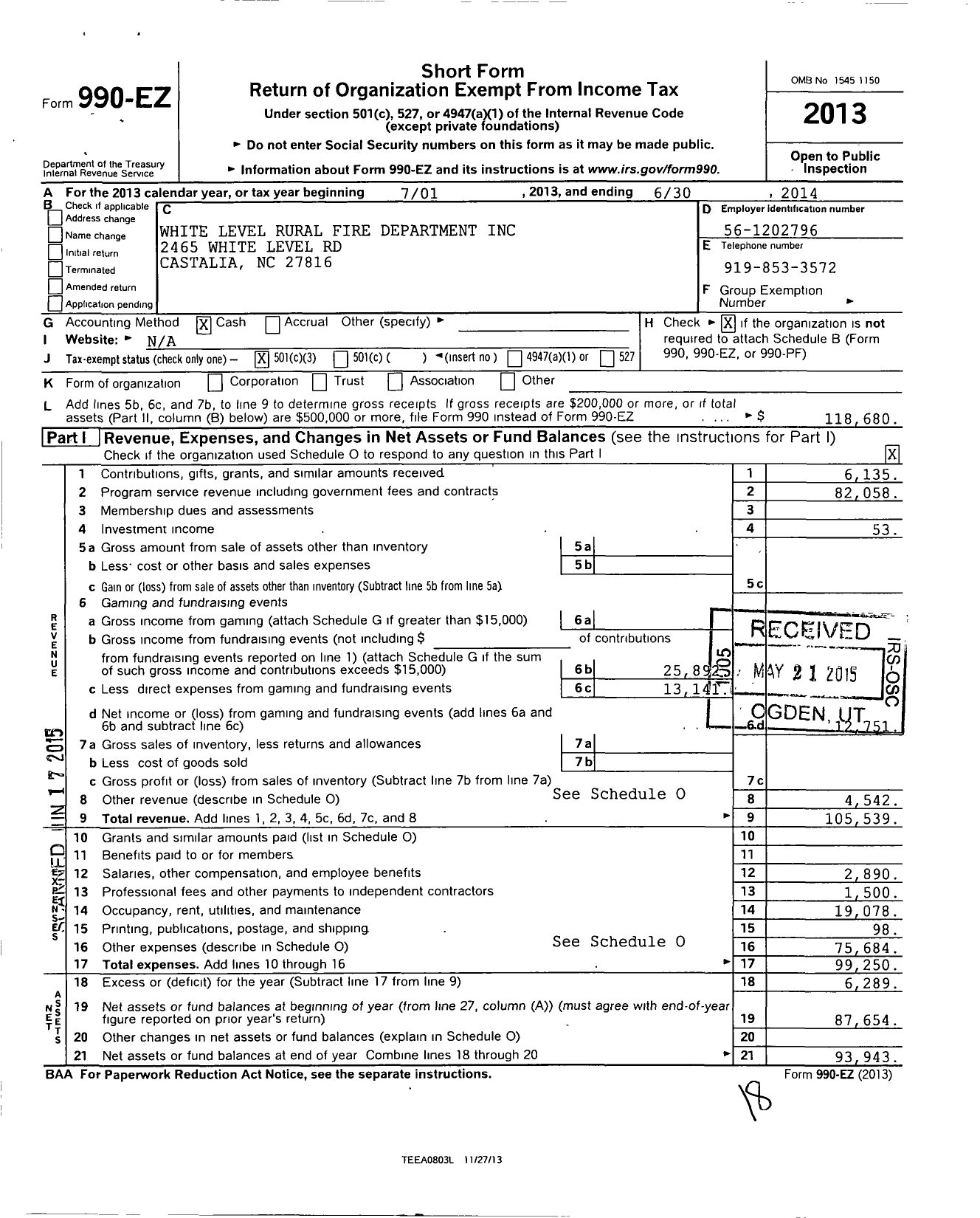 Image of first page of 2013 Form 990EZ for White Level Rural Fire Department