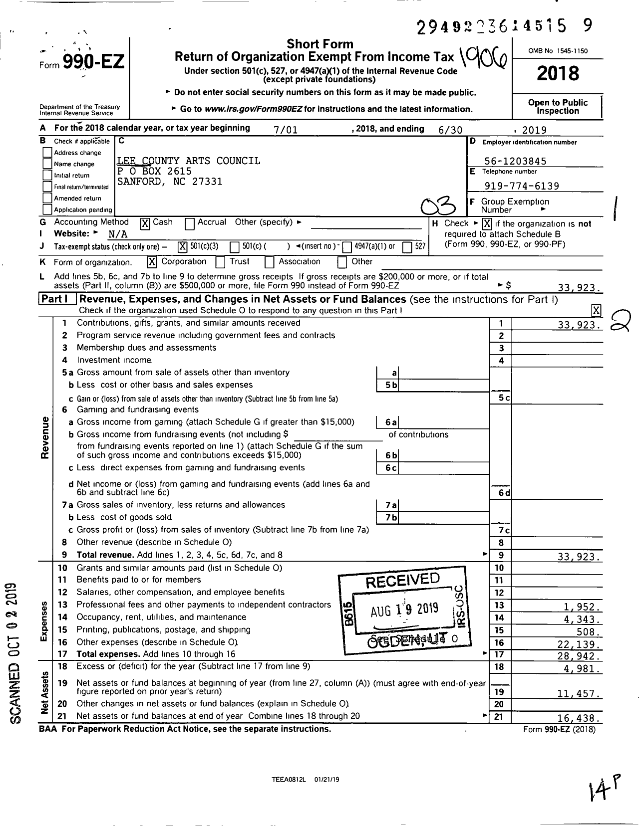 Image of first page of 2018 Form 990EZ for The Lee County Arts Council