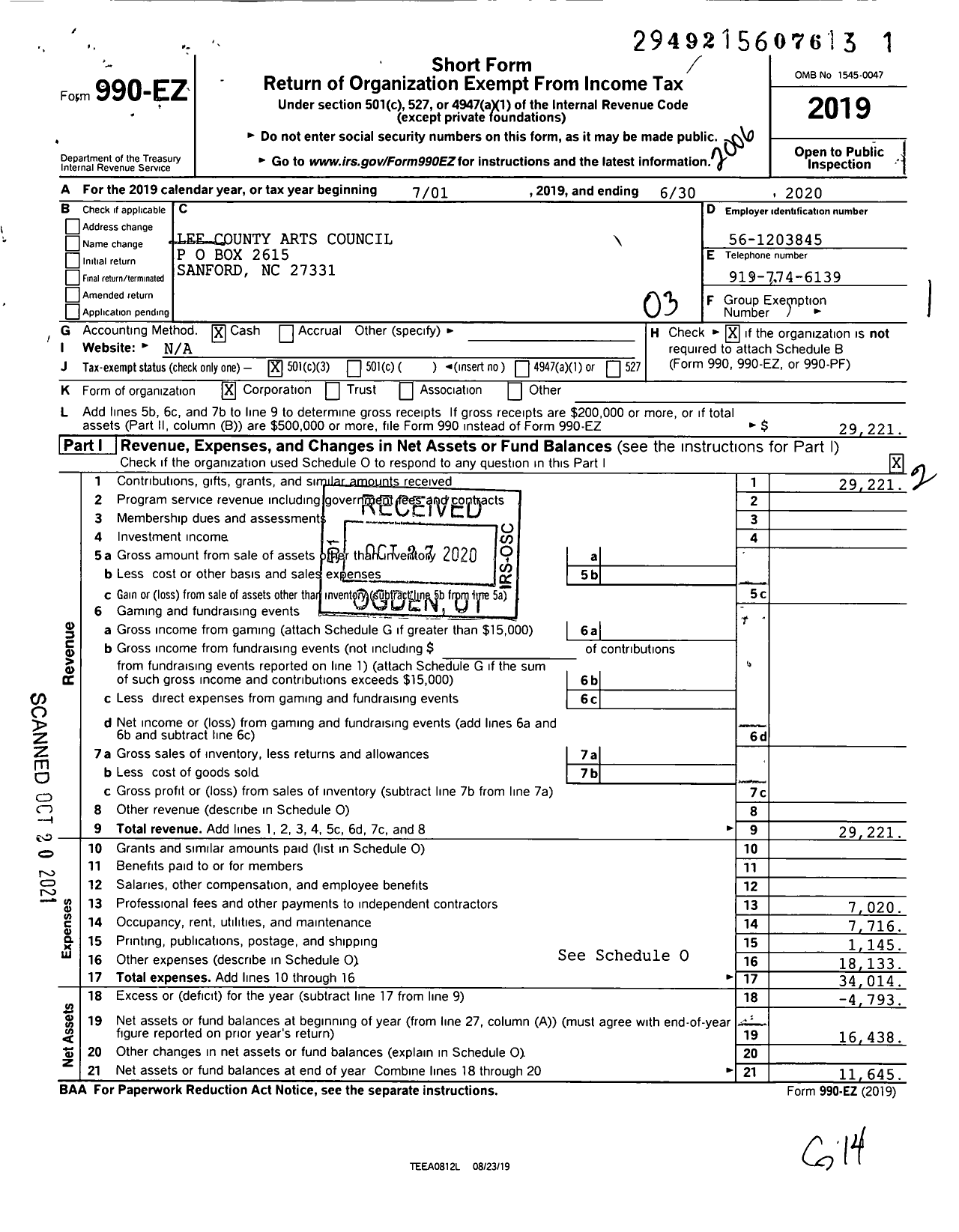 Image of first page of 2019 Form 990EZ for The Lee County Arts Council