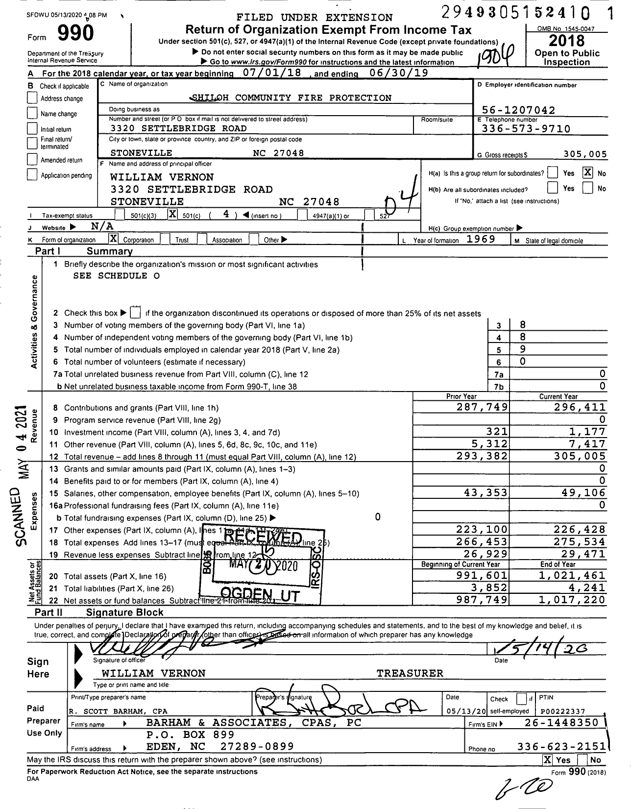 Image of first page of 2018 Form 990O for Shiloh Community Fire Protection