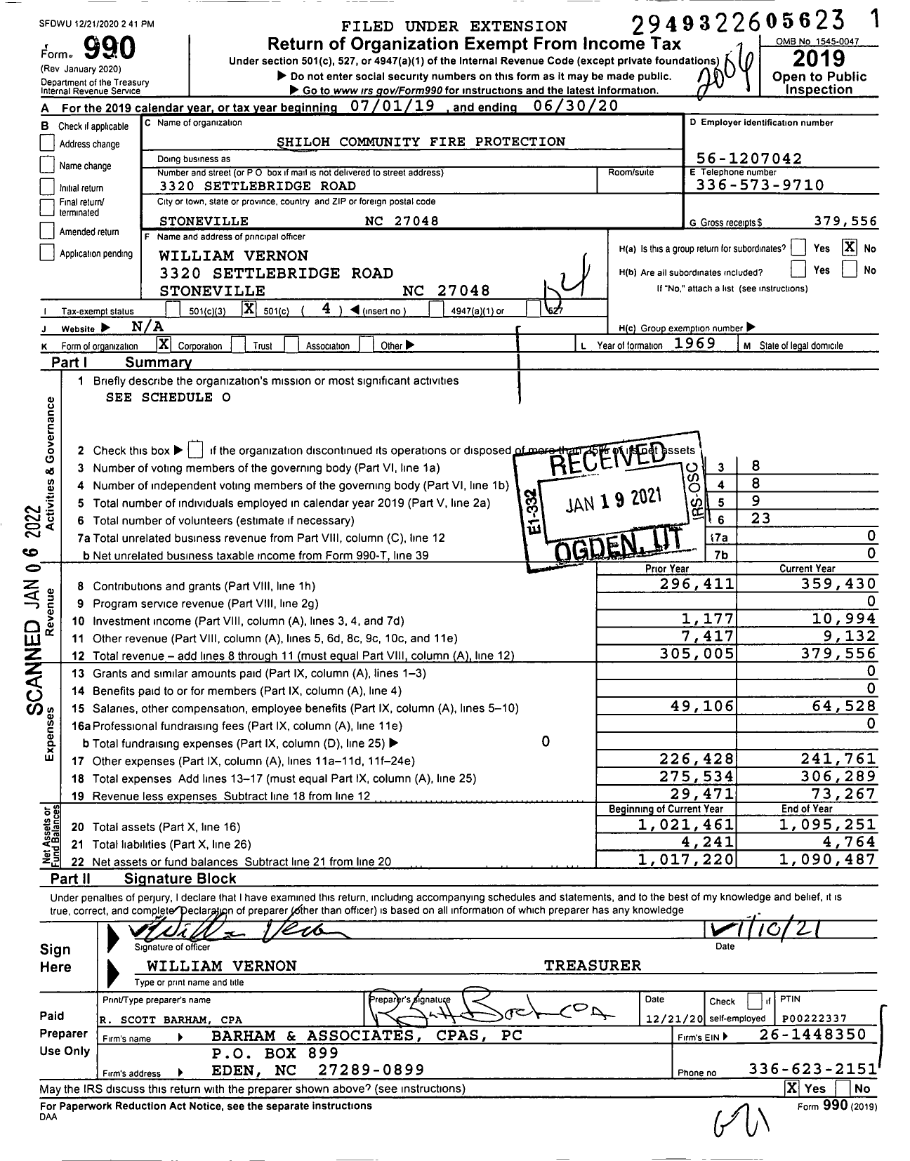 Image of first page of 2019 Form 990O for Shiloh Community Fire Protection