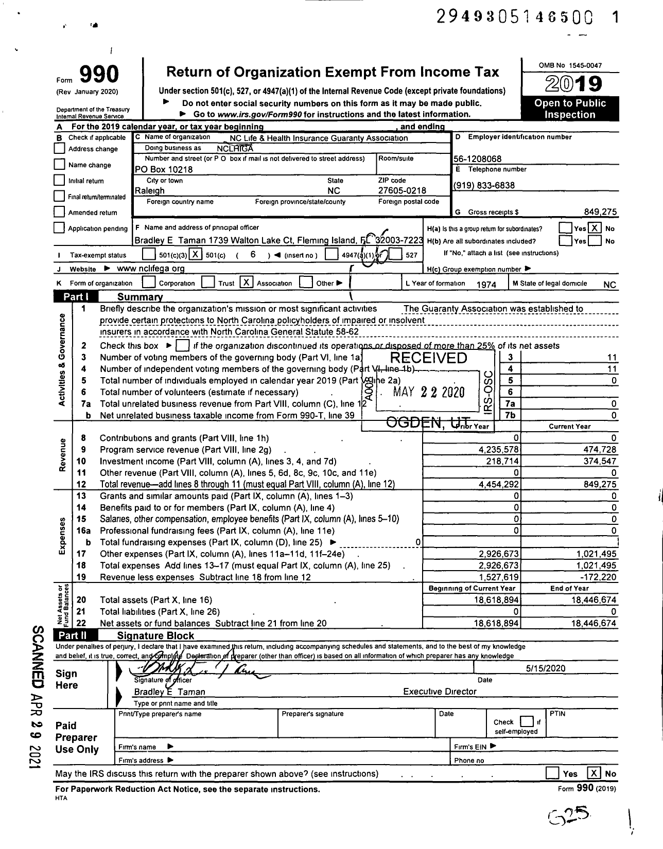 Image of first page of 2019 Form 990O for North Carolina Life & Health Insurance Guaranty Association (NCLHIGA)