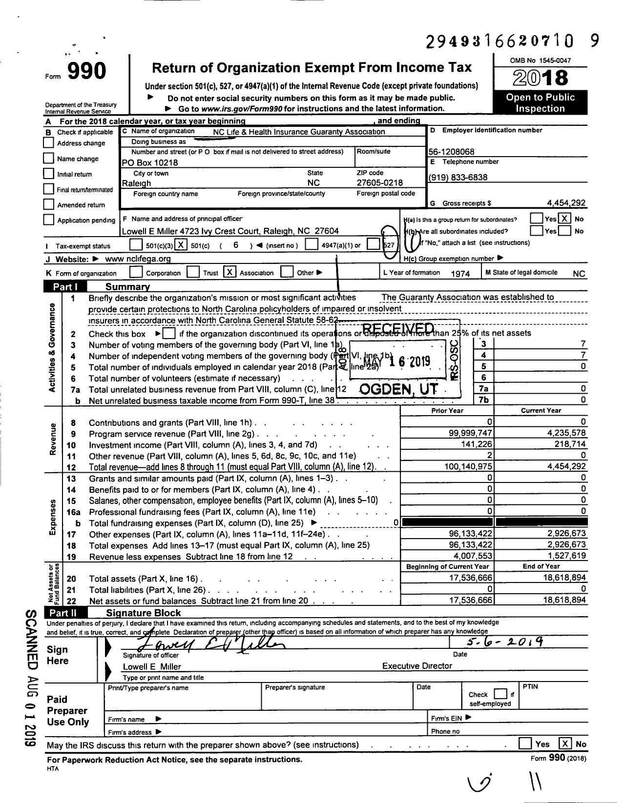Image of first page of 2018 Form 990O for North Carolina Life & Health Insurance Guaranty Association (NCLHIGA)