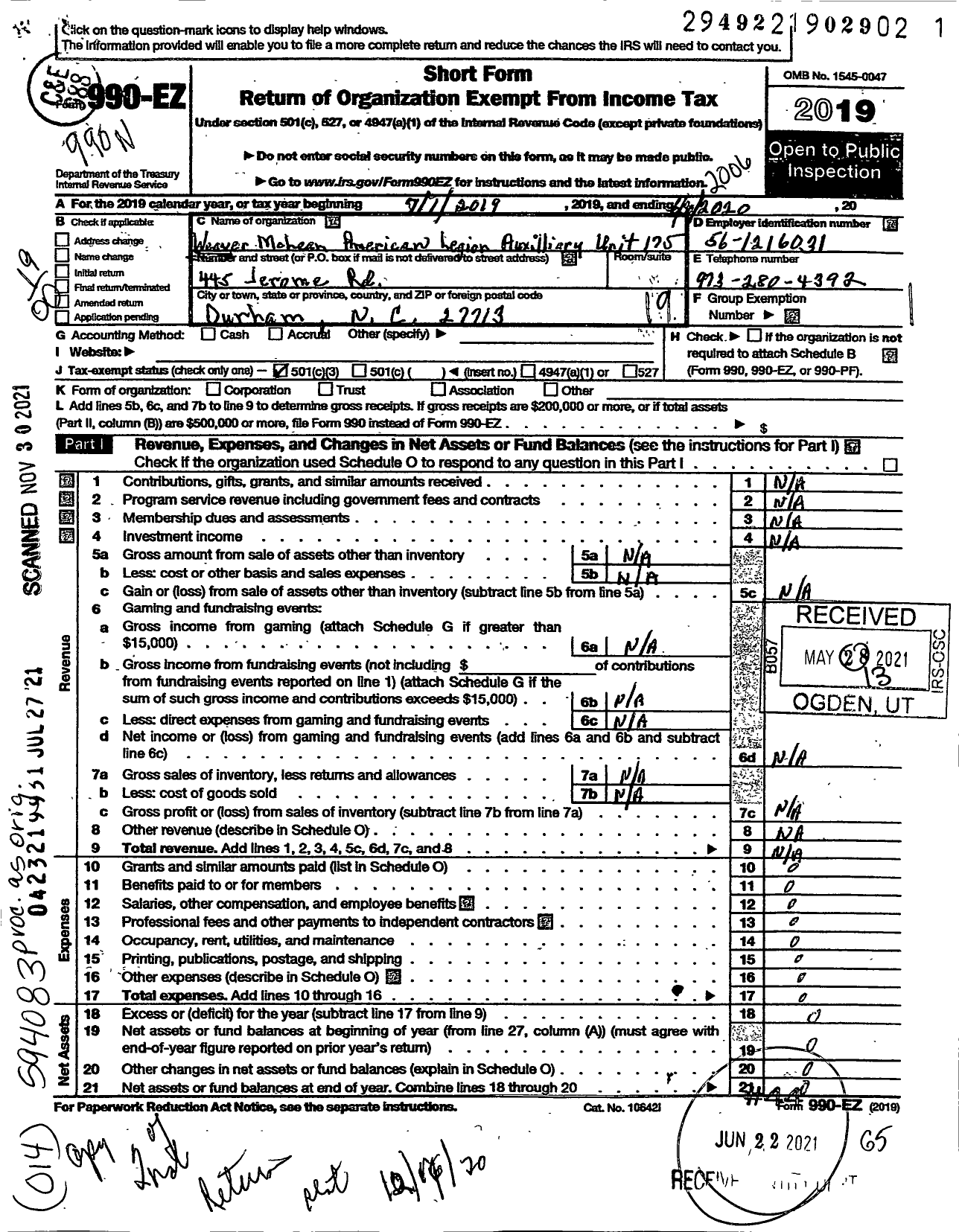 Image of first page of 2019 Form 990EO for Weaver Mclean American Legion Auxillary Unit 175