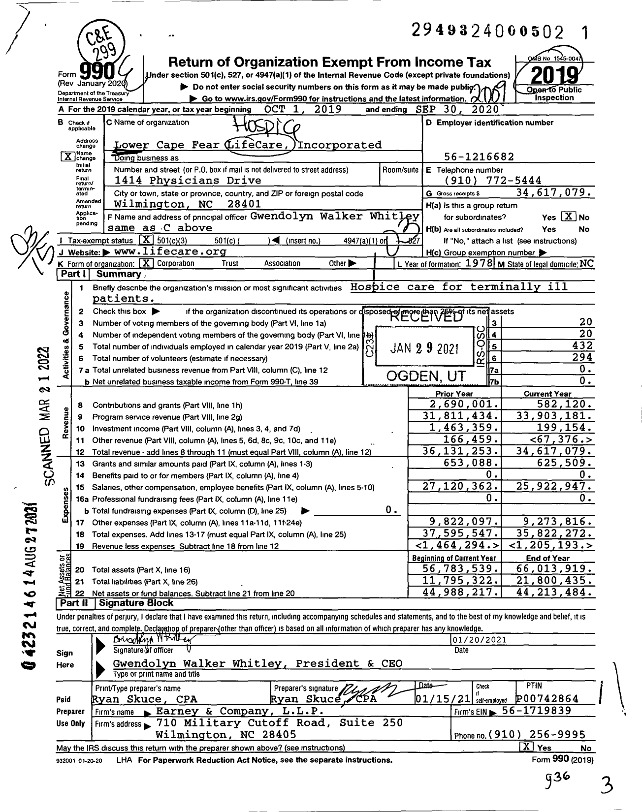 Image of first page of 2019 Form 990 for Lower Cape Fear Hospice
