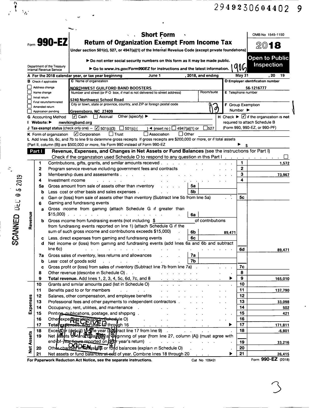 Image of first page of 2018 Form 990EZ for Northwest Guilford Band Boosters