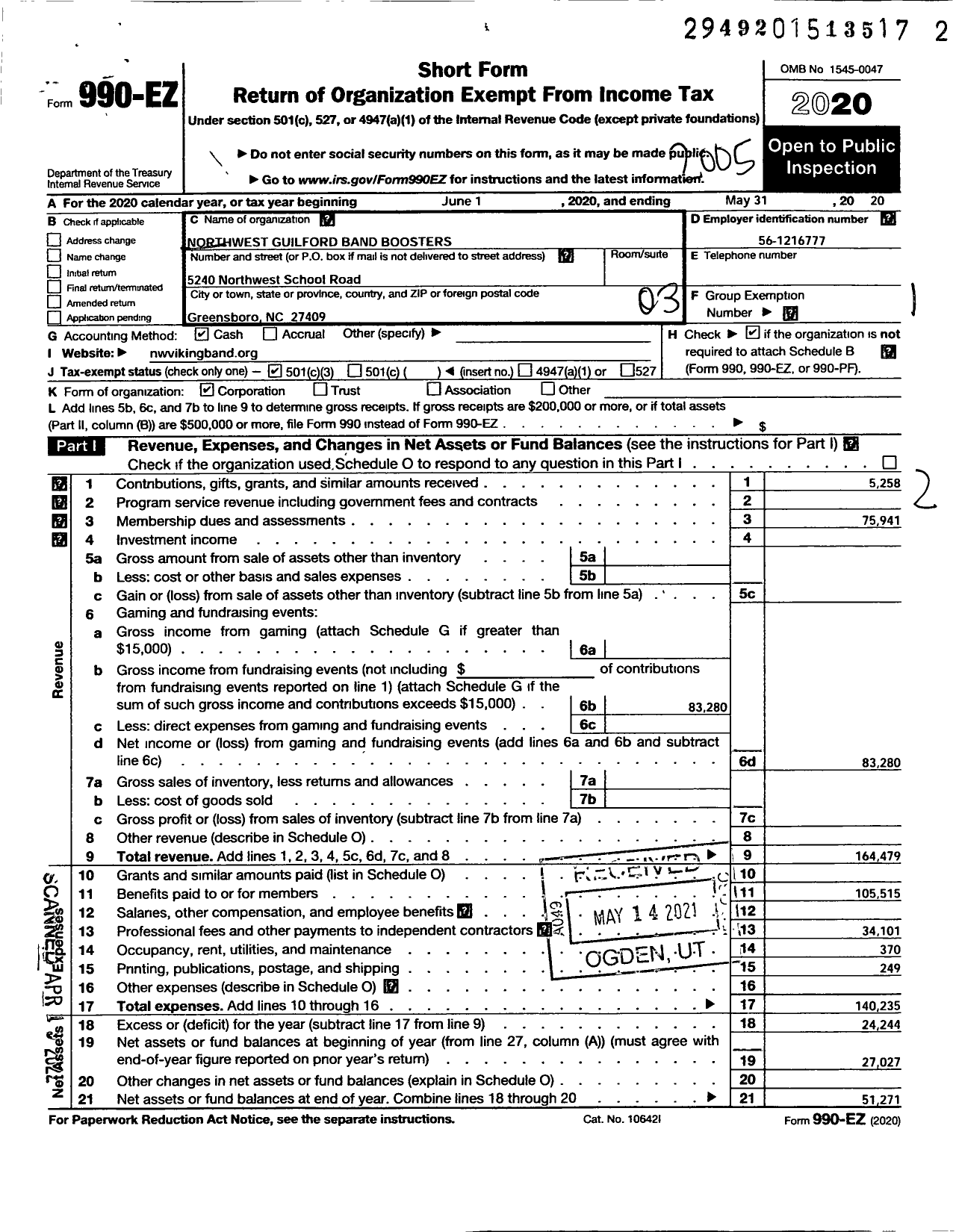 Image of first page of 2019 Form 990EZ for Northwest Guilford Band Boosters