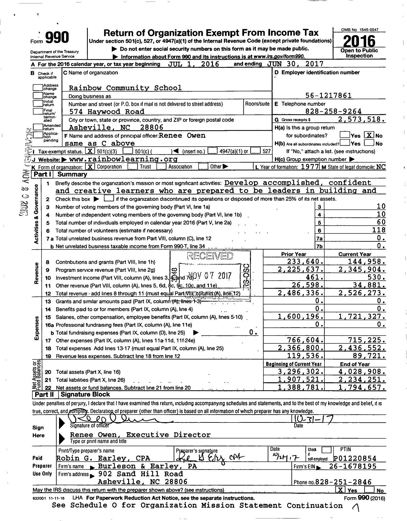 Image of first page of 2016 Form 990 for Rainbow Community School