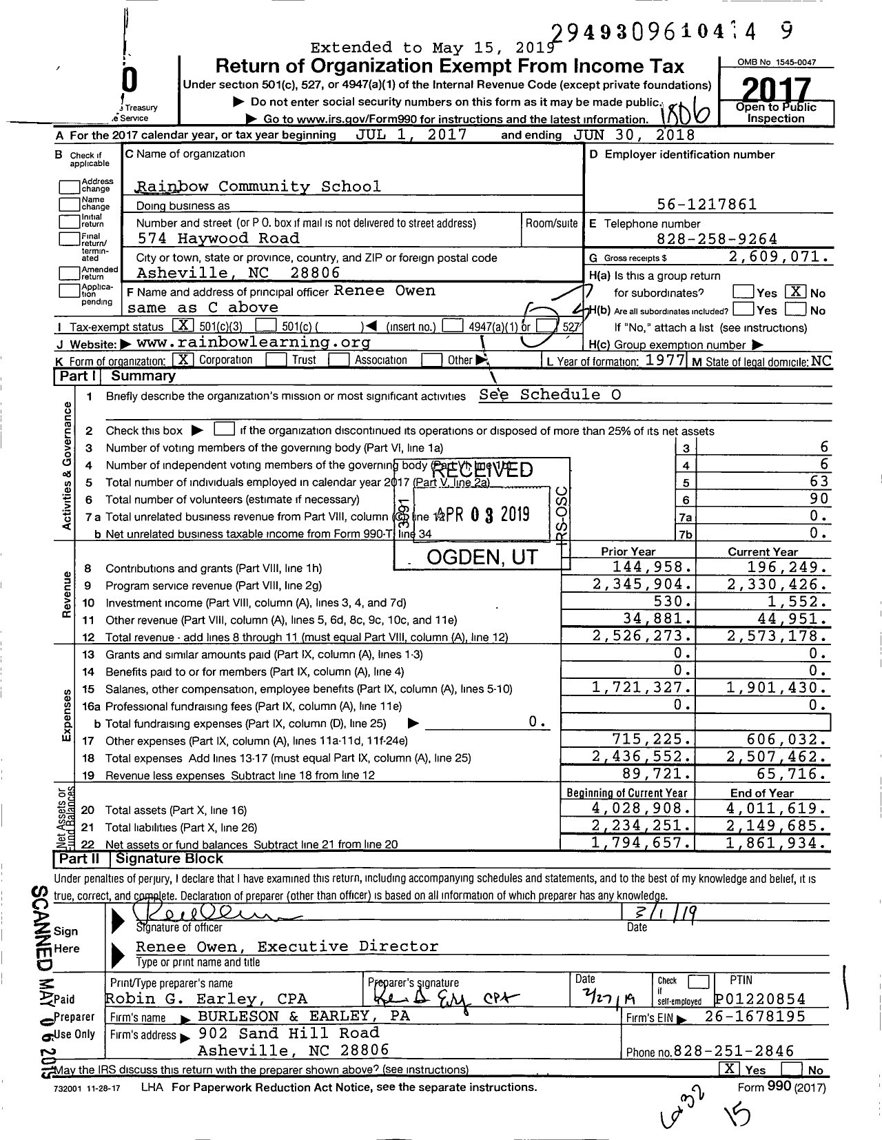 Image of first page of 2017 Form 990 for Rainbow Community School