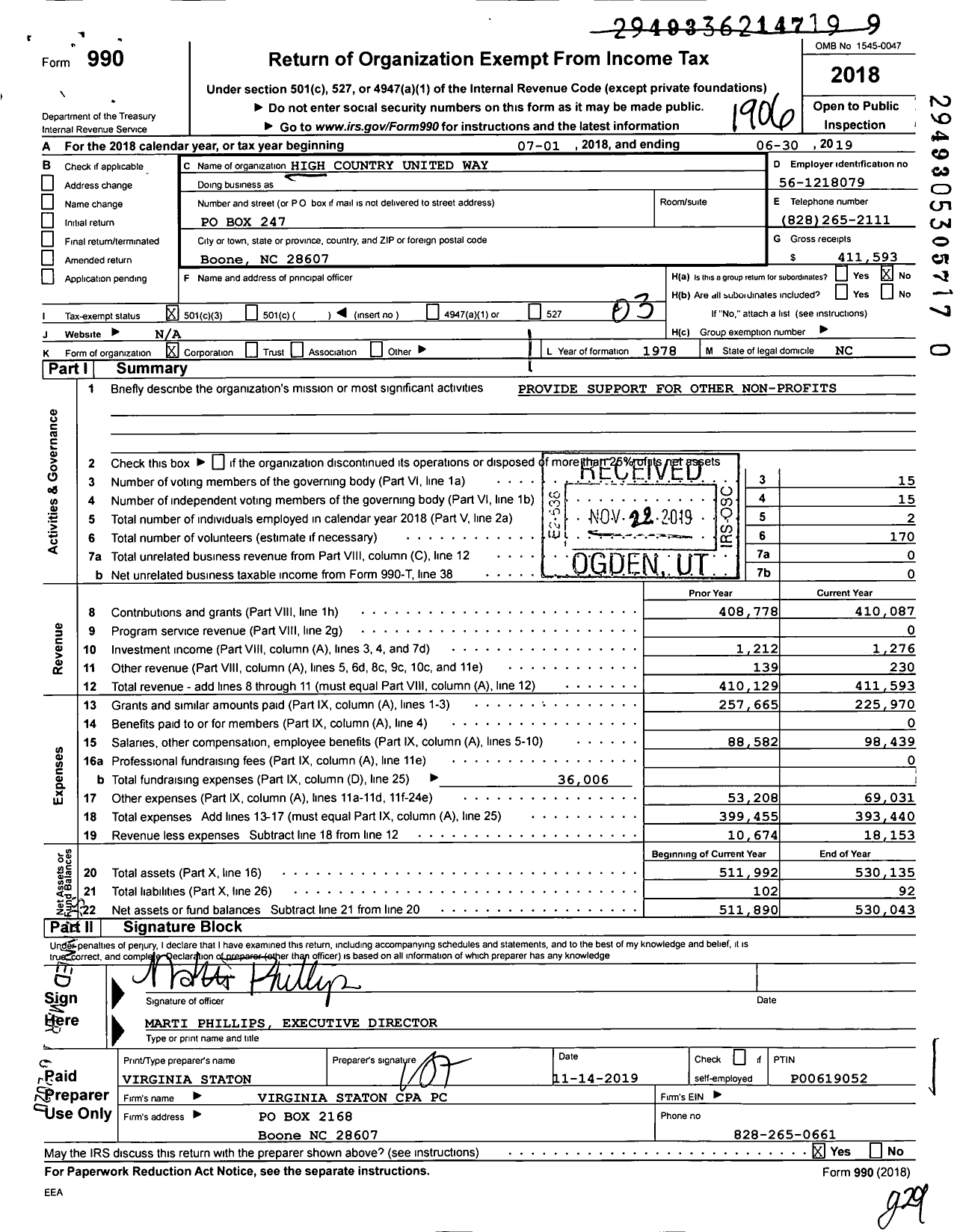 Image of first page of 2018 Form 990 for High Country United Way