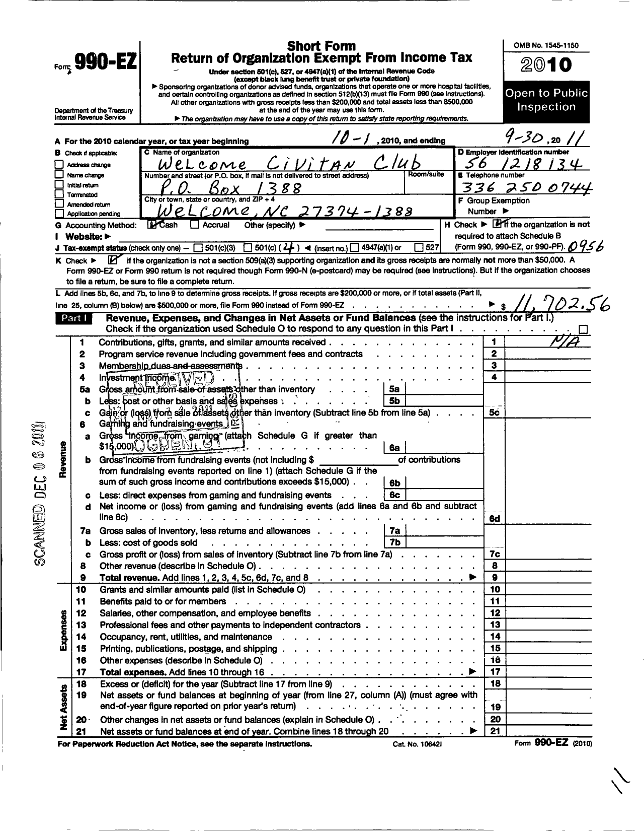 Image of first page of 2010 Form 990EO for Civitan International / Welcome NC