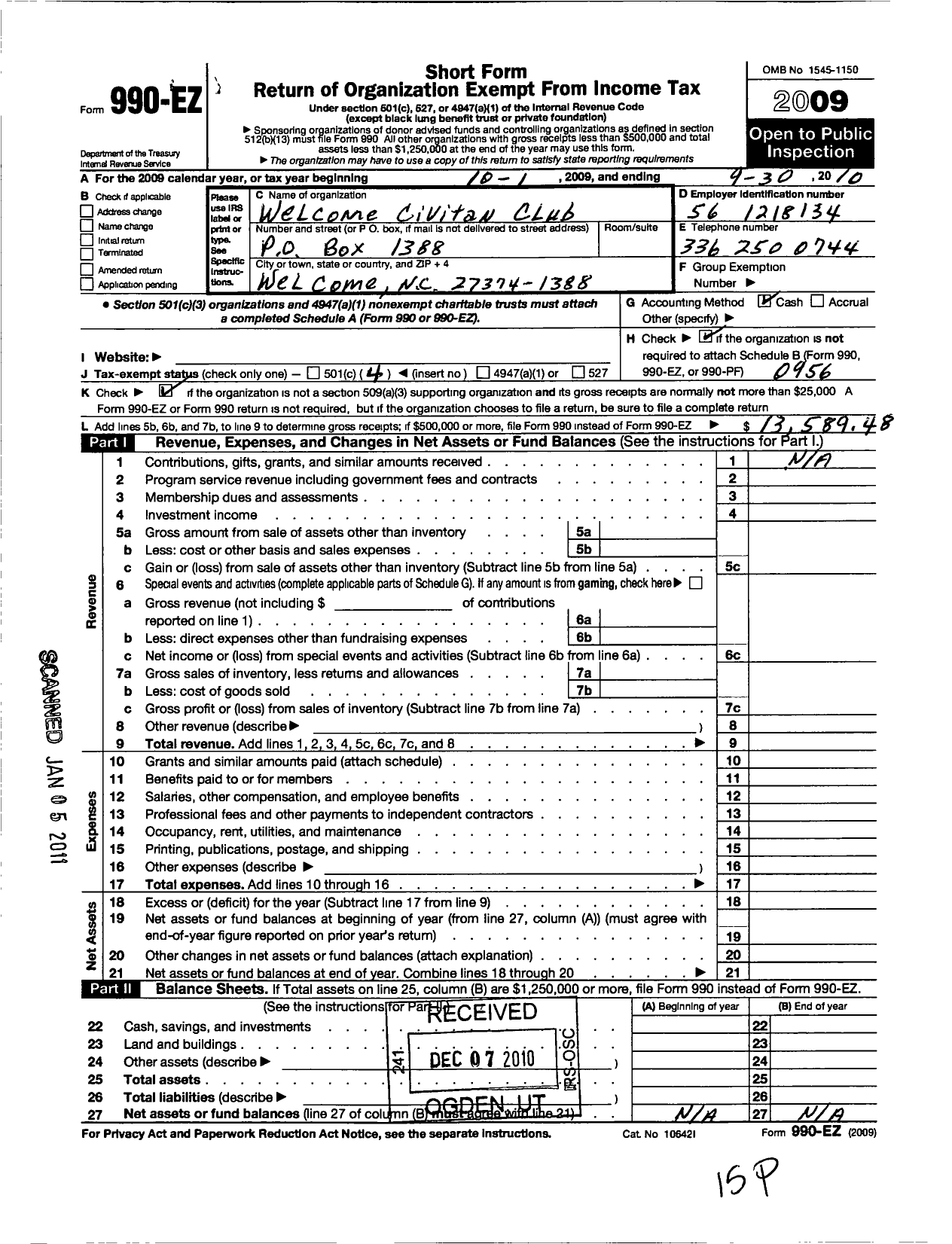 Image of first page of 2009 Form 990EO for Civitan International / Welcome NC