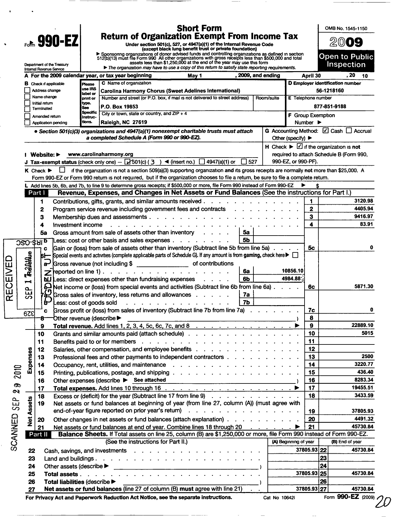 Image of first page of 2009 Form 990EZ for Sweet Adelines International - Carolina Harmony