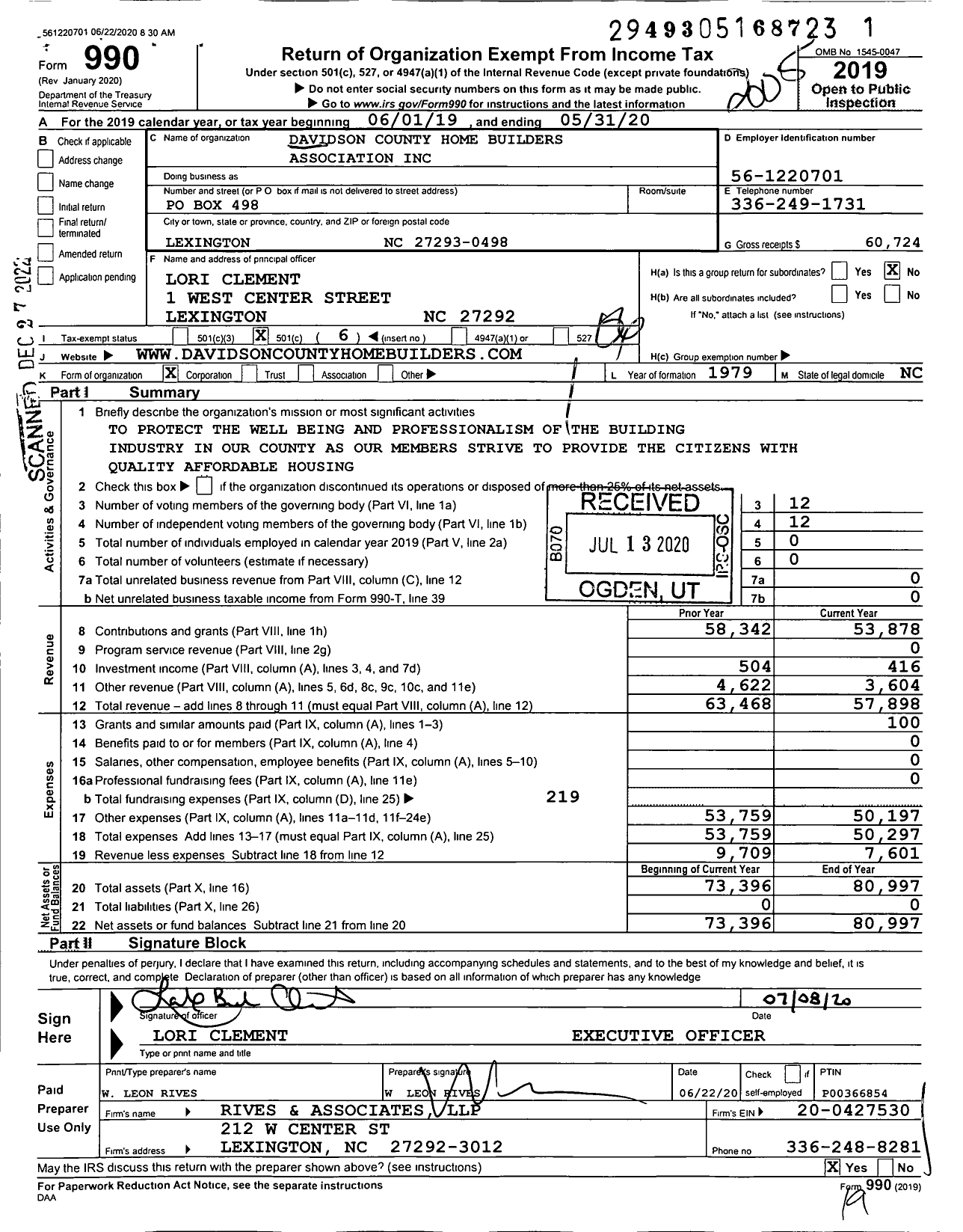 Image of first page of 2019 Form 990O for Home Builders Association of Davidson County