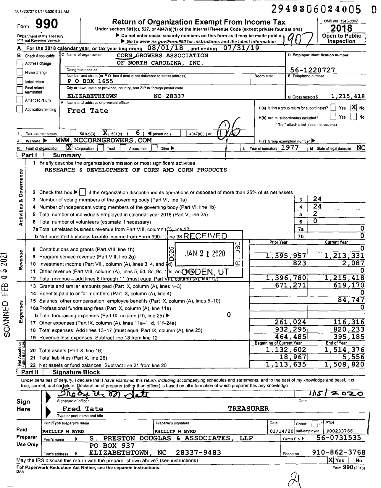 Image of first page of 2018 Form 990O for Corn Growers Association of North Carolina