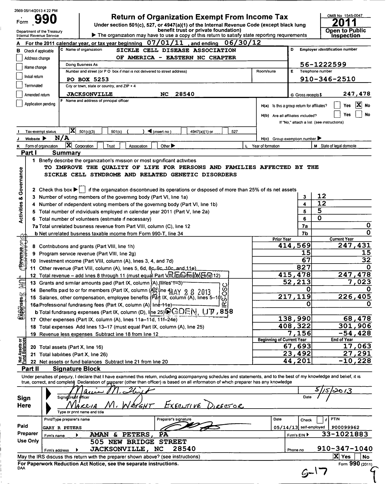 Image of first page of 2011 Form 990 for Sickle Cell Disease Association of America / Eastern North Carolina Chapter