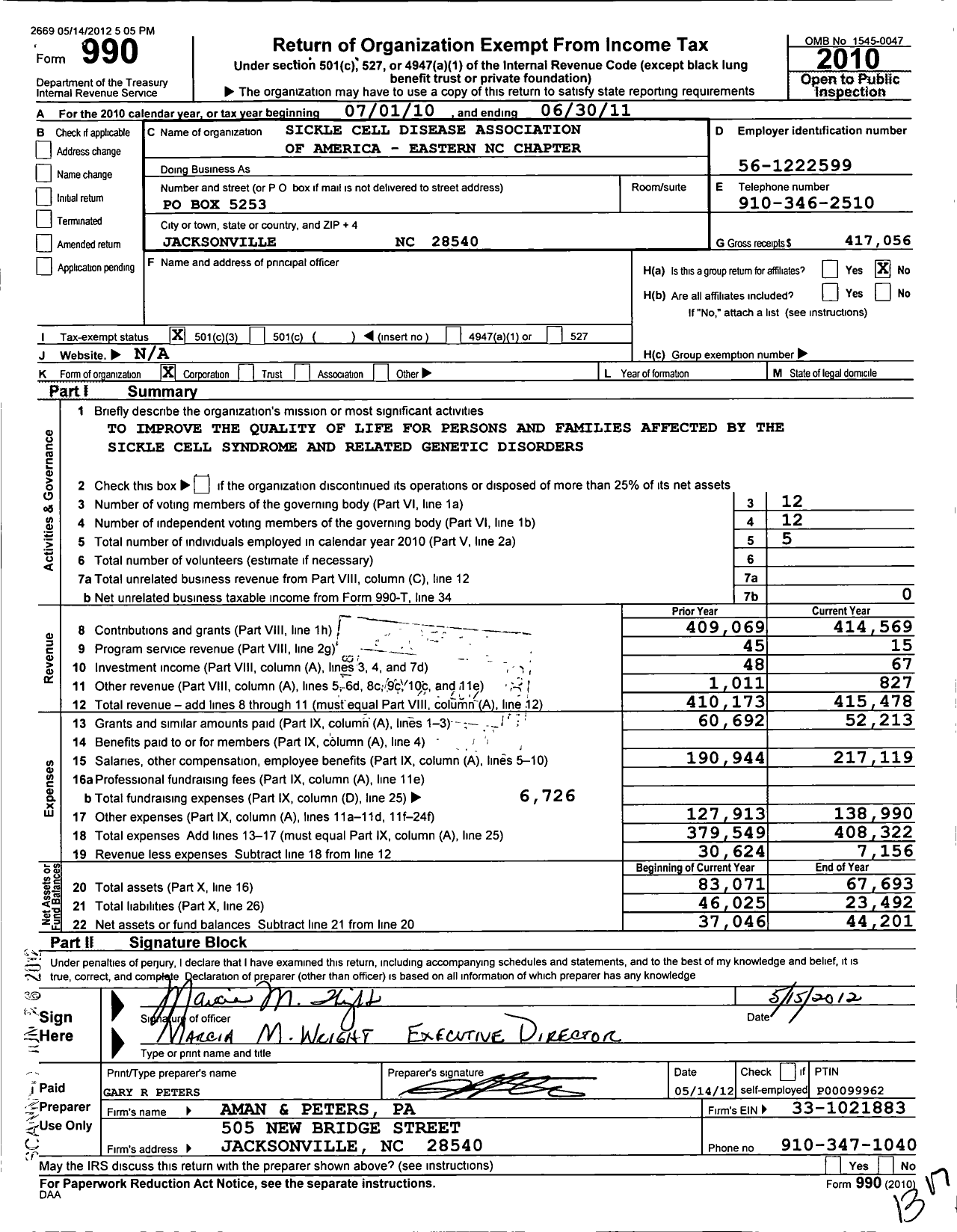 Image of first page of 2010 Form 990 for Sickle Cell Disease Association of America / Eastern North Carolina Chapter