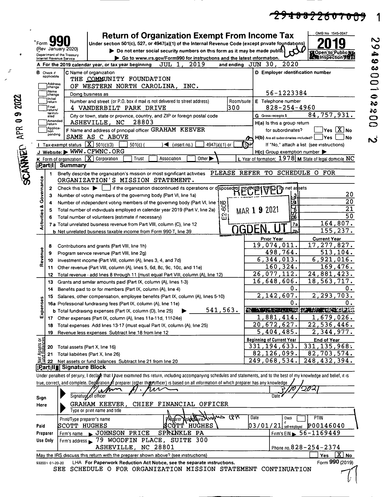 Image of first page of 2019 Form 990 for Community Foundation of Western North Carolina