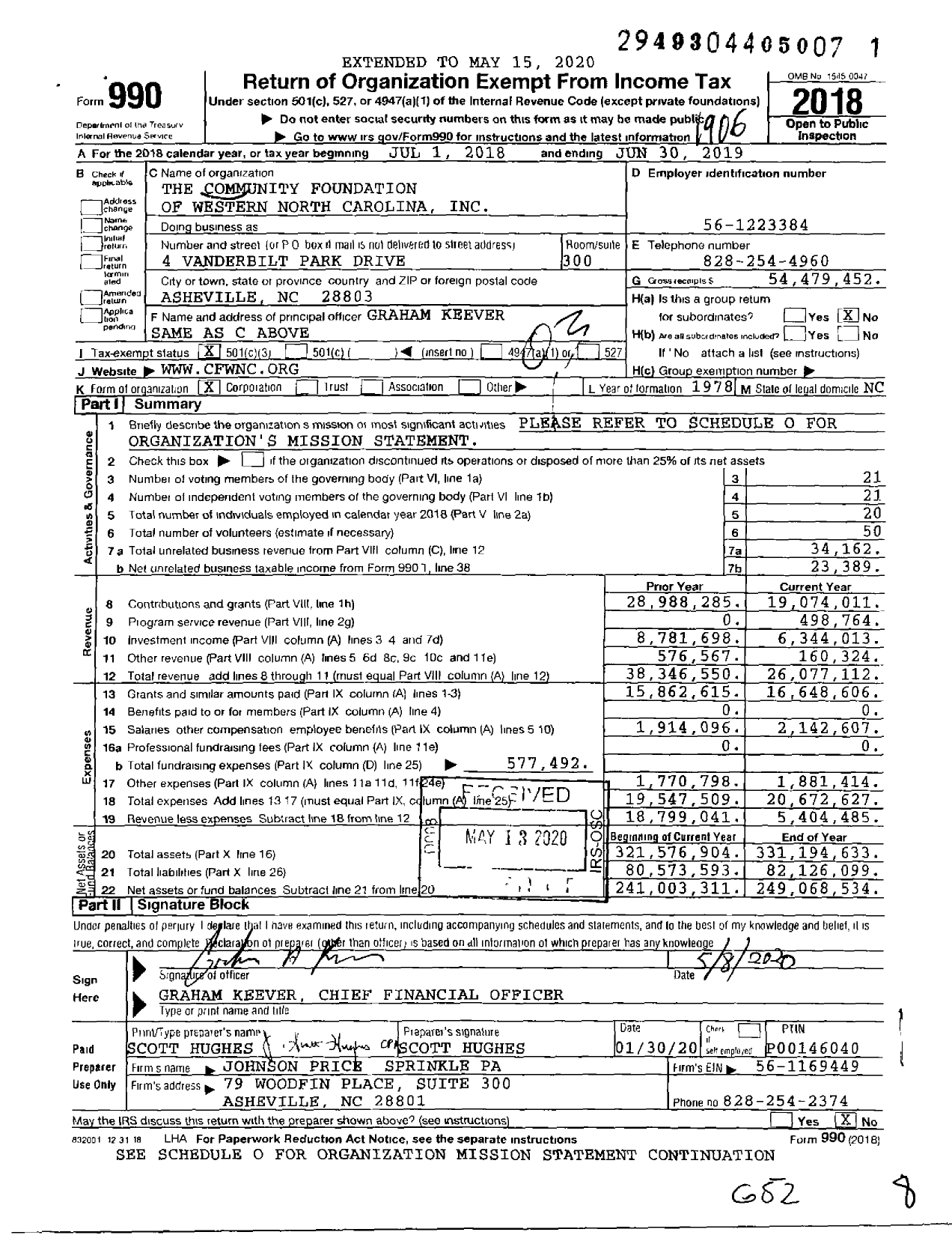 Image of first page of 2018 Form 990 for Community Foundation of Western North Carolina