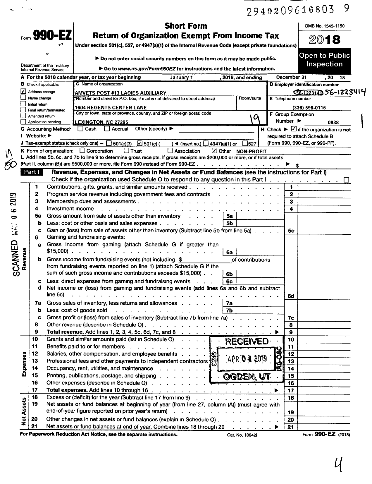 Image of first page of 2018 Form 990EO for Amvets - 13