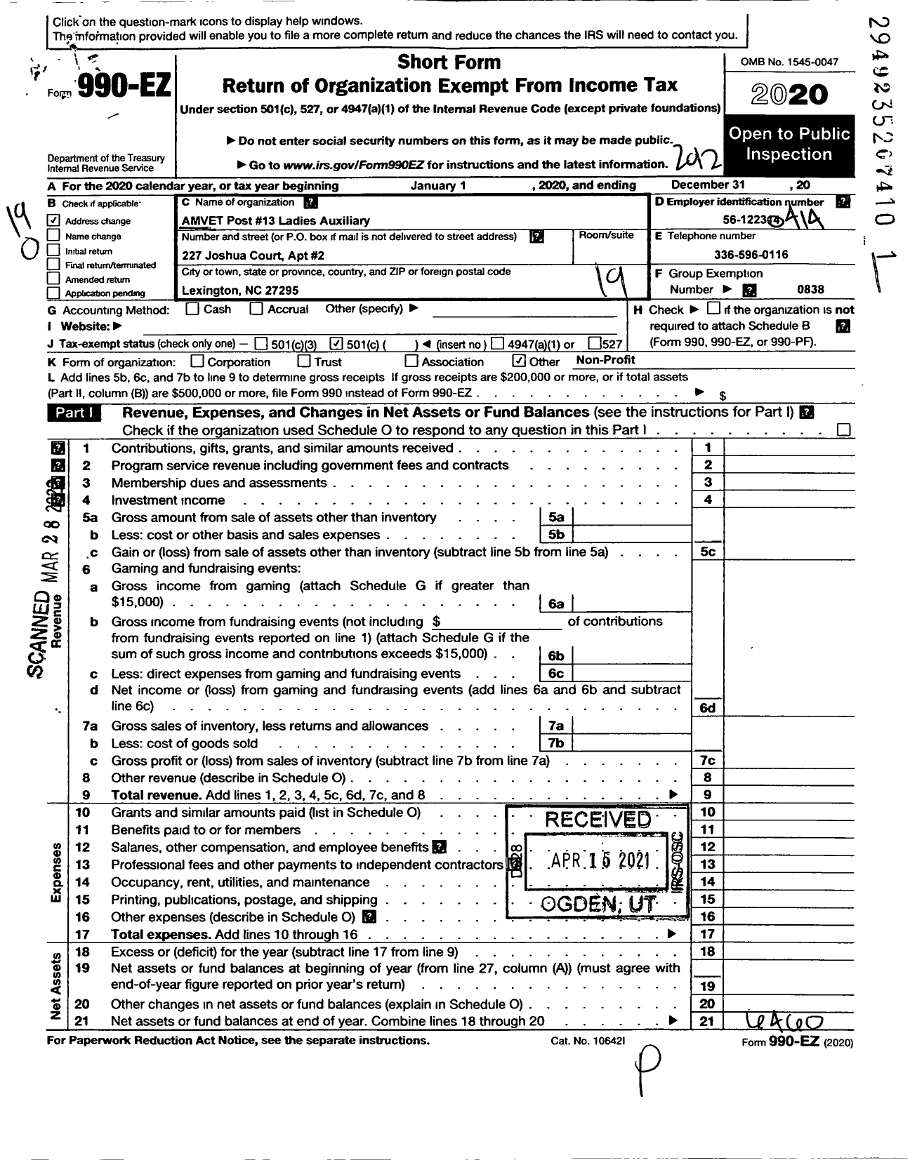 Image of first page of 2020 Form 990EO for Amvets - 13