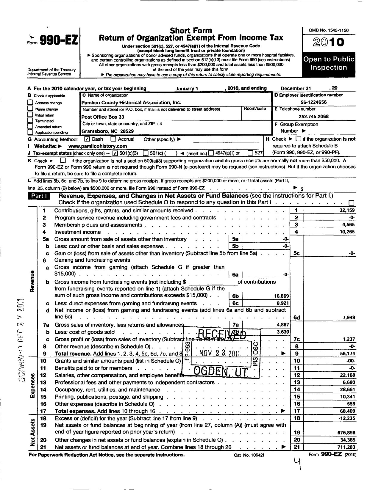 Image of first page of 2010 Form 990EZ for Pamlico County Historical Association