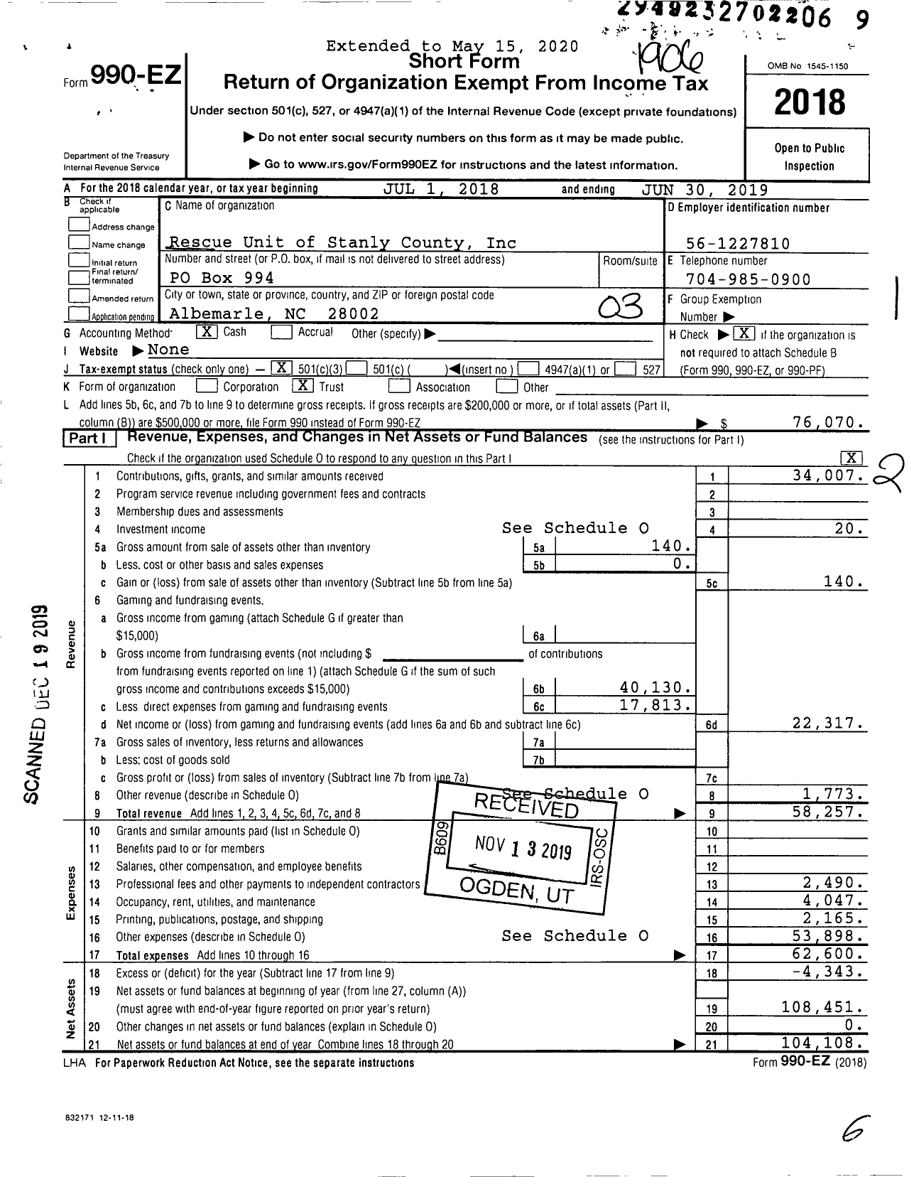 Image of first page of 2018 Form 990EZ for Rescue Unit of Stanly County