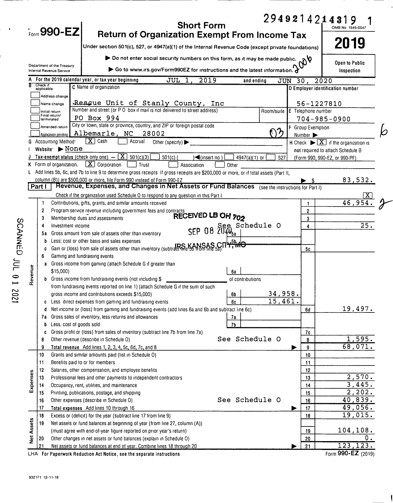 Image of first page of 2019 Form 990EZ for Rescue Unit of Stanly County