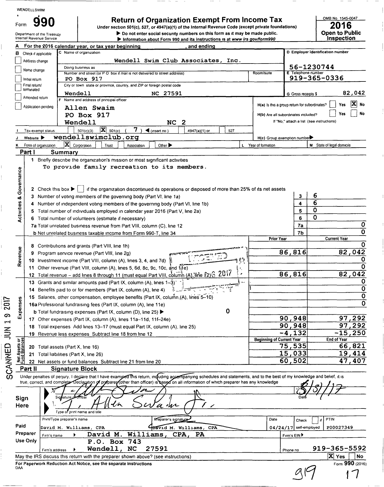 Image of first page of 2016 Form 990O for Wendell Swim Club Associates