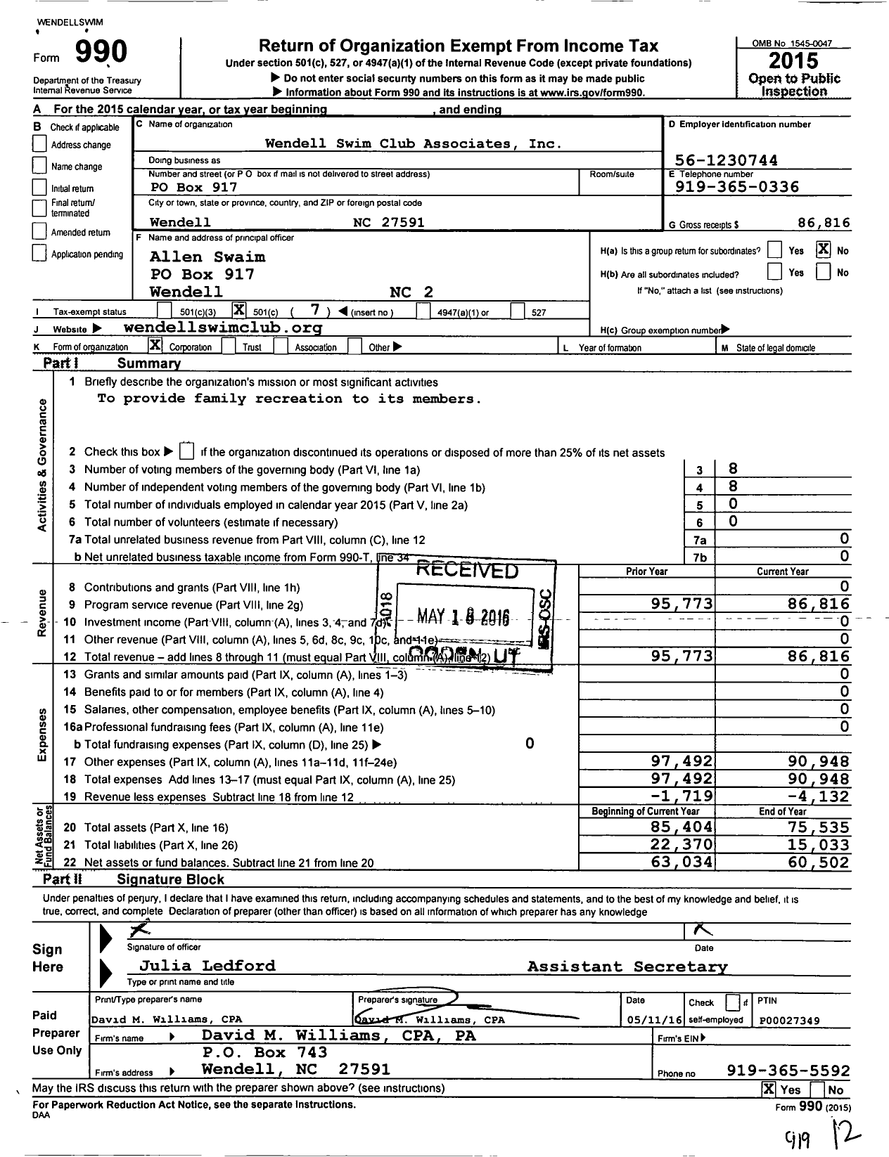 Image of first page of 2015 Form 990O for Wendell Swim Club Associates