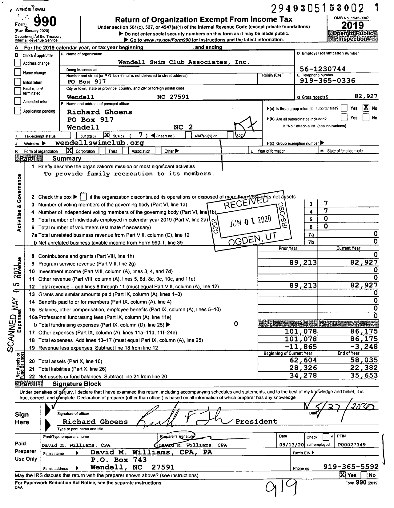 Image of first page of 2019 Form 990O for Wendell Swim Club Associates